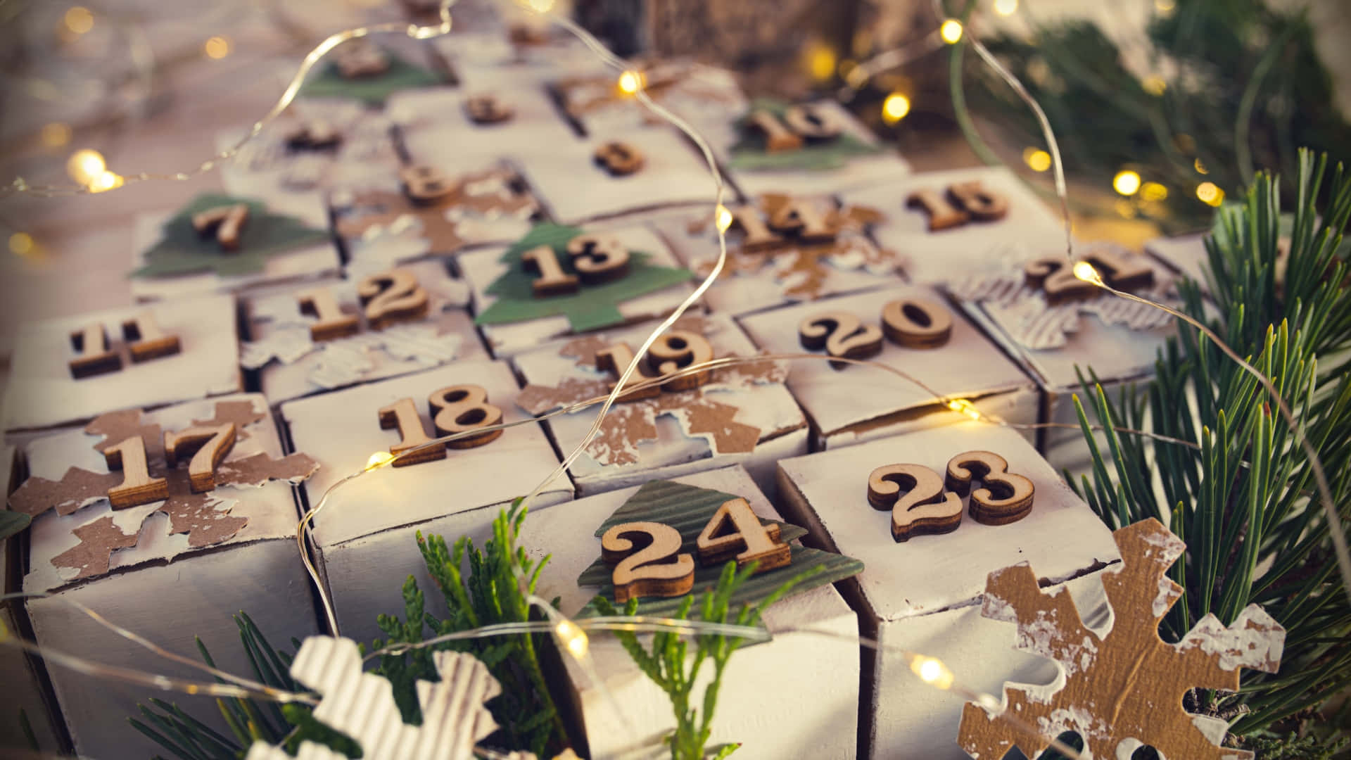 rustic wooden advent calendar, numbered compartments, pine sprigs, Full HD Desktop Wallpaper