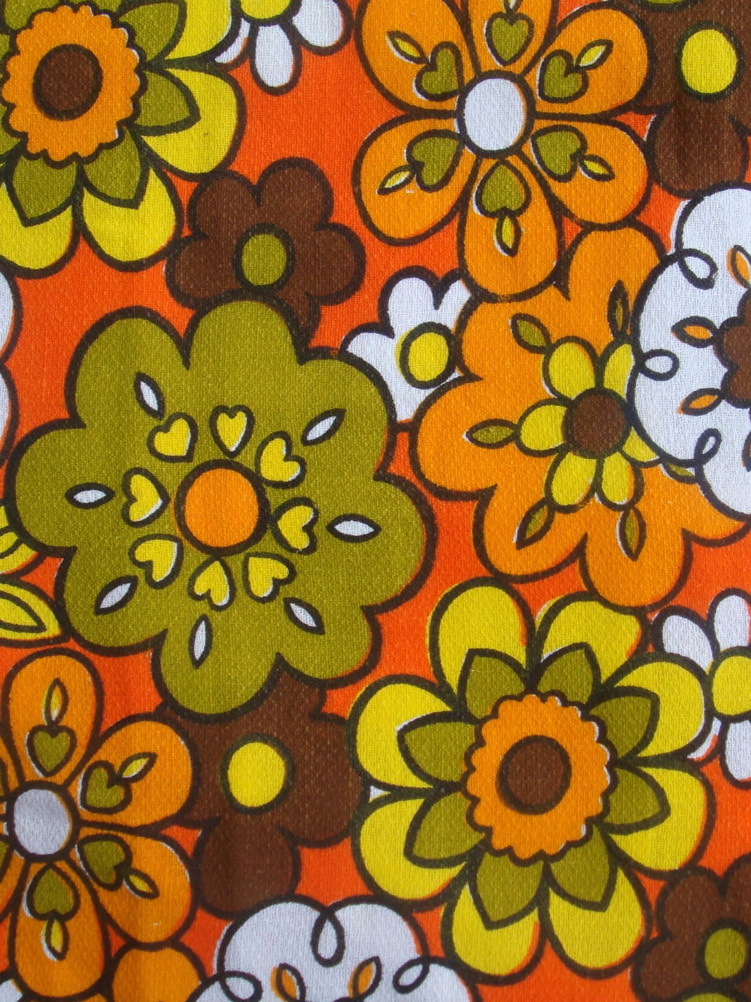 Vintage 60s, blooming floral pattern, bold orange green and white flowers, Full HD Phone Wallpaper