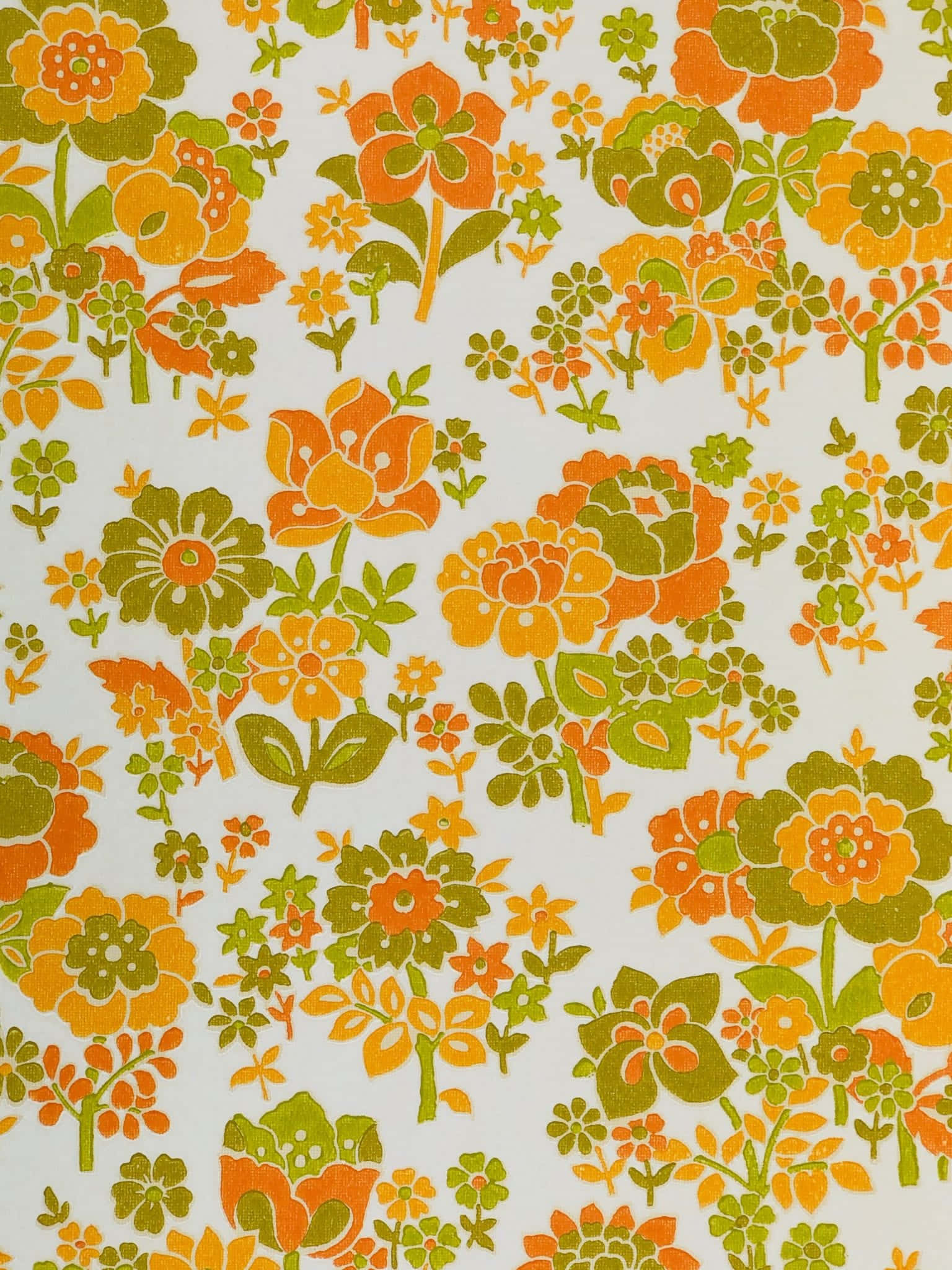 Vintage 60s, yellow and green flowers, orange and green blooms, Full HD Phone Wallpaper