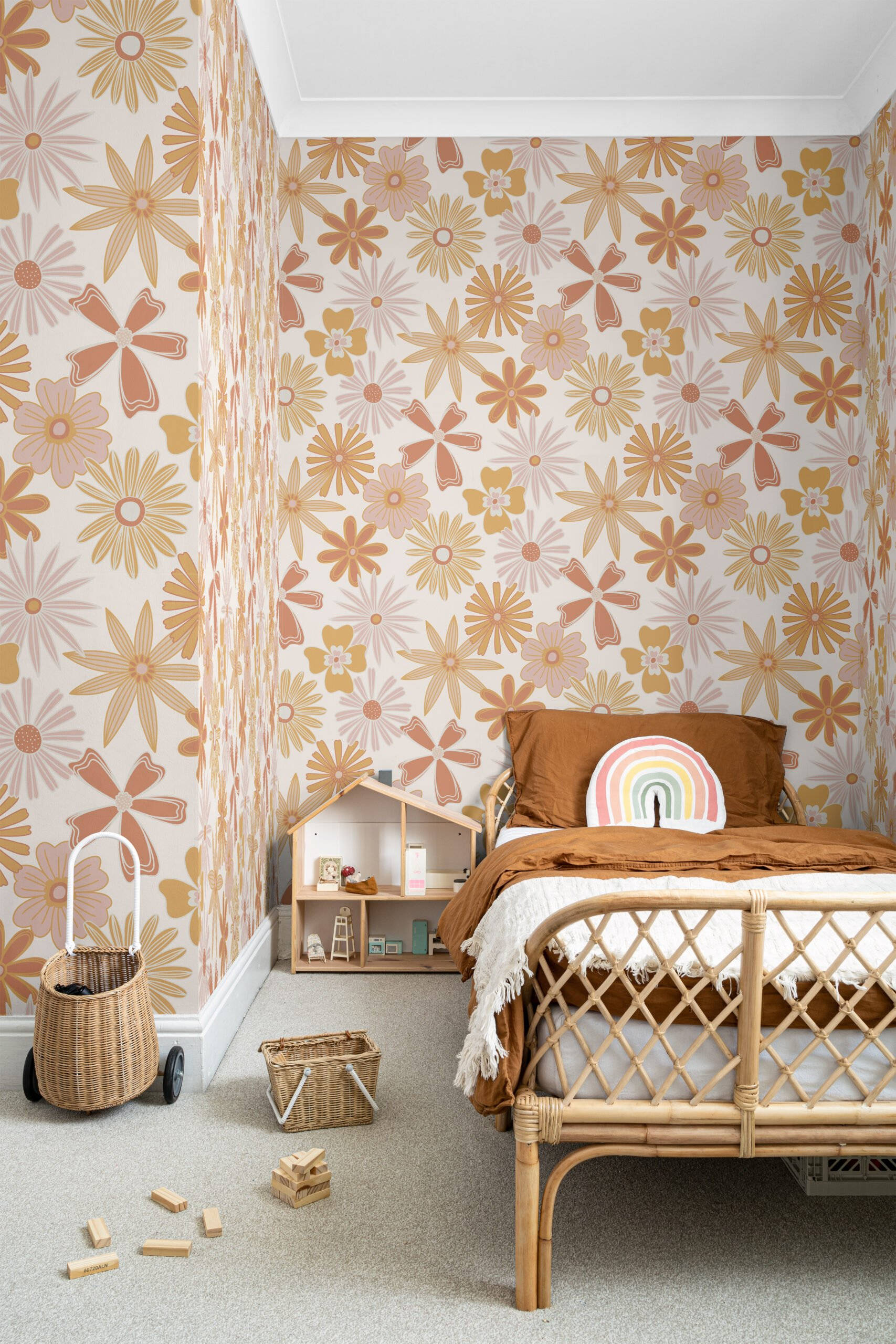 rattan bed, rainbow pillow, retro floral wallpaper, 2K Phone Wallpaper