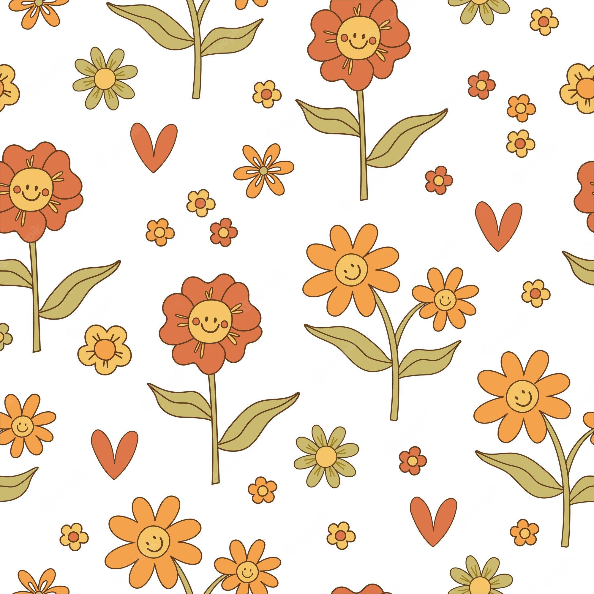 Vintage 70s, orange flowers, yellow flowers, Full HD Desktop Wallpaper