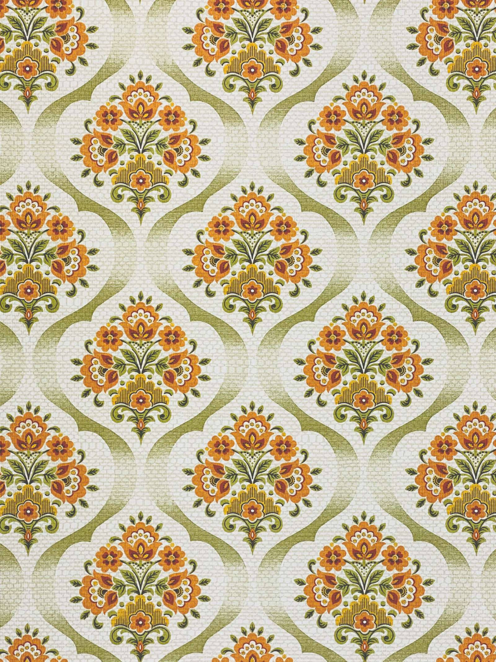 Vintage 70s, orange floral motifs, olive green background, Full HD Phone Wallpaper