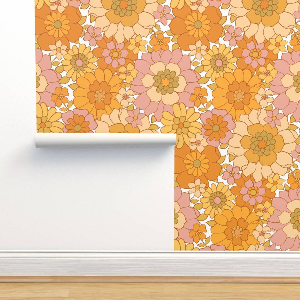 Vintage 70s, orange floral patterns, warm orange pink, SD Desktop Wallpaper