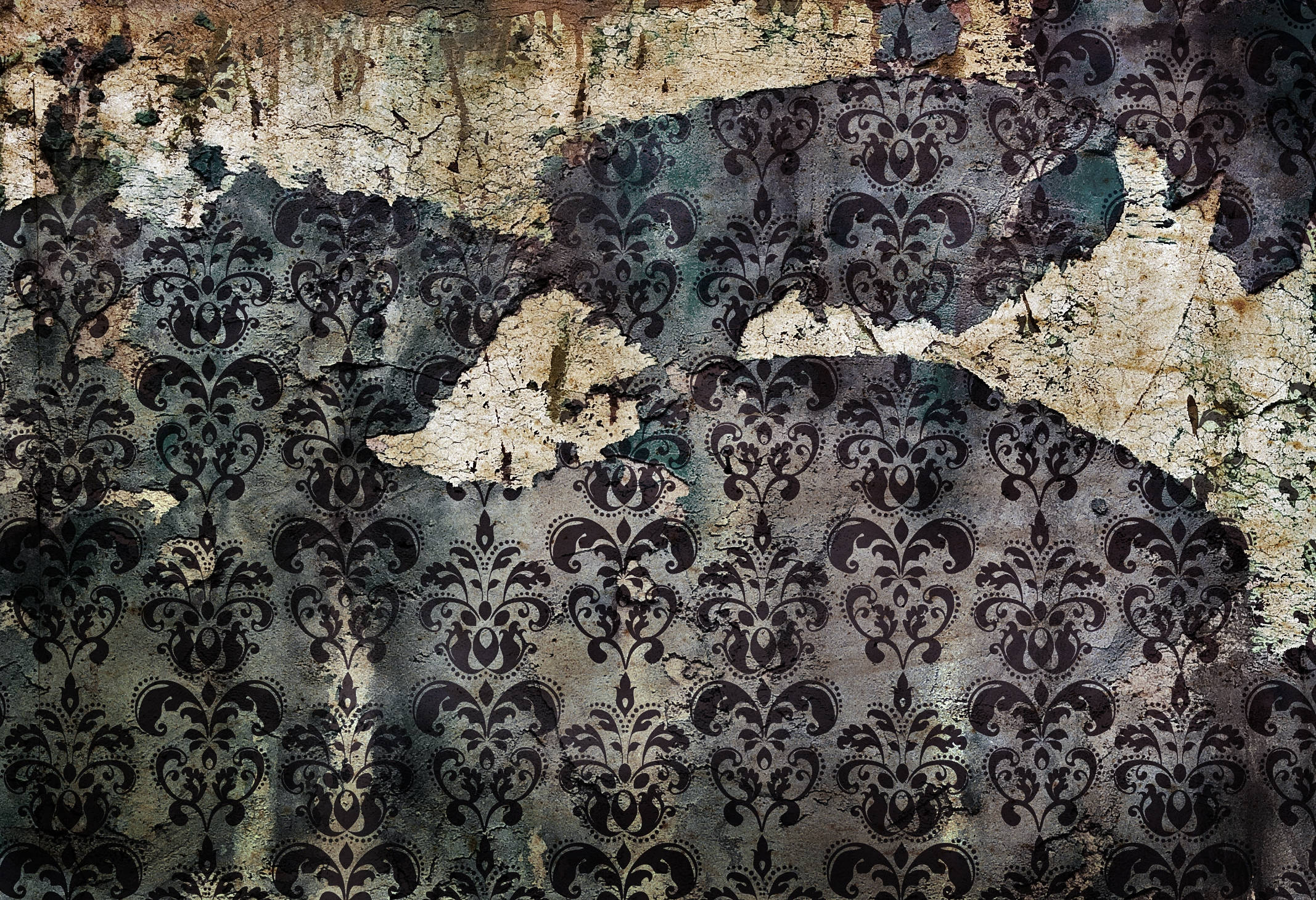 vintage damask wallpaper, ornate black patterns, faded blue walls, Full HD Desktop Wallpaper