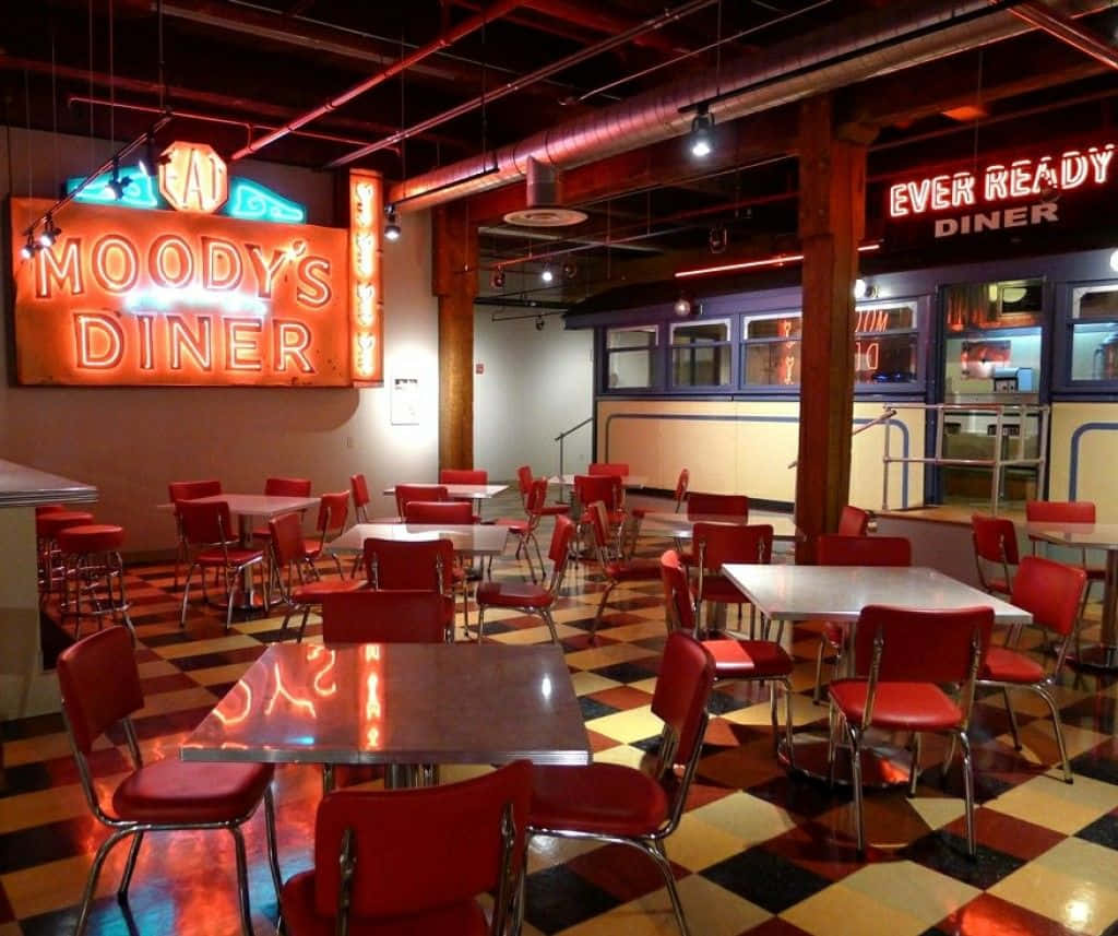 Moody's Vintage Retro Diner, red chairs, checkered floors, SD Desktop Wallpaper