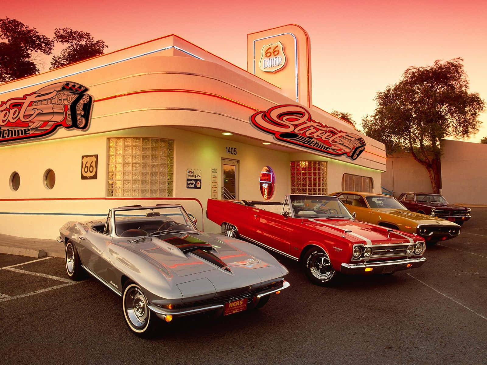 66 Street Machine, retro Route 66 gas station, neon signs, HD Desktop Wallpaper