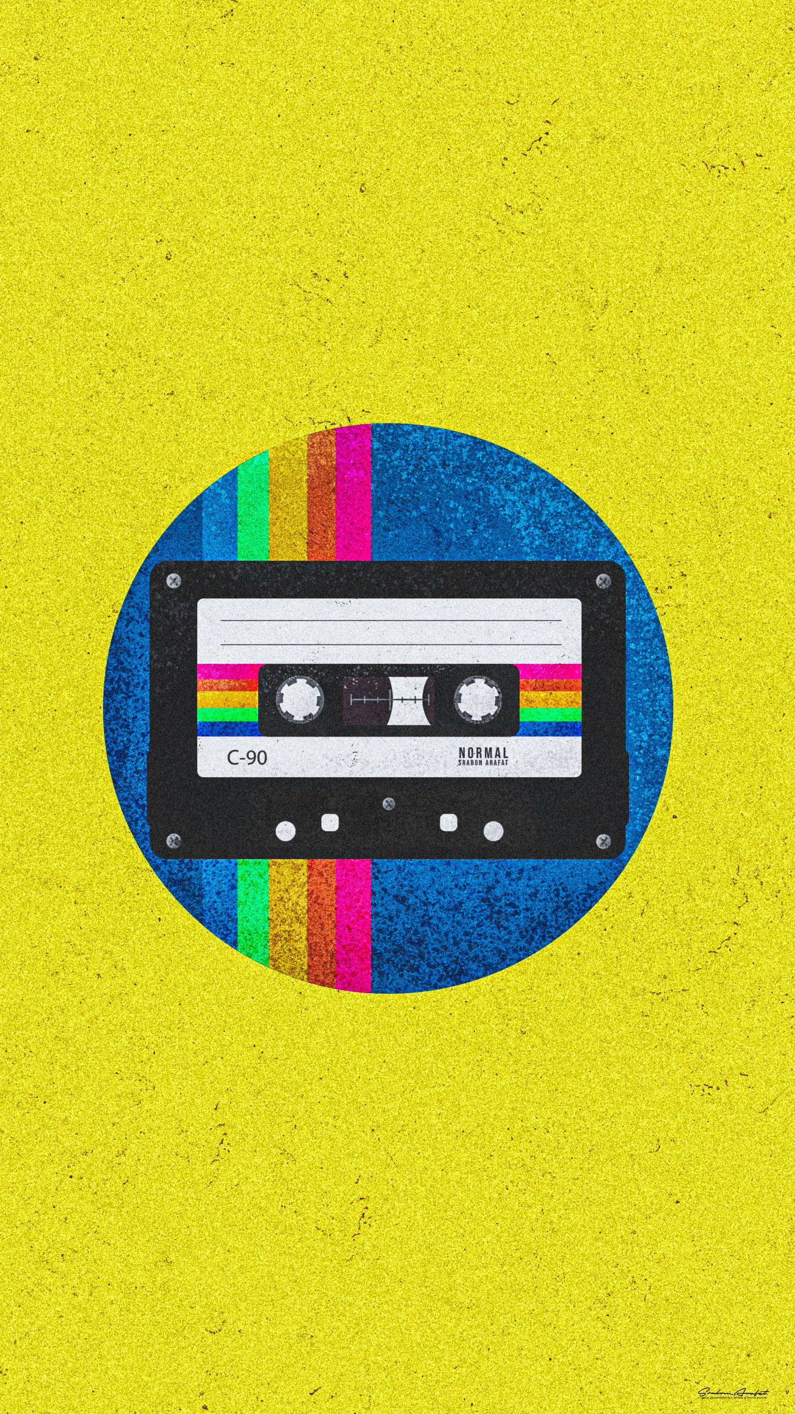 vintage 90s cassette tape aesthetic, rainbow stripes, blue circle, 2K Phone Wallpaper