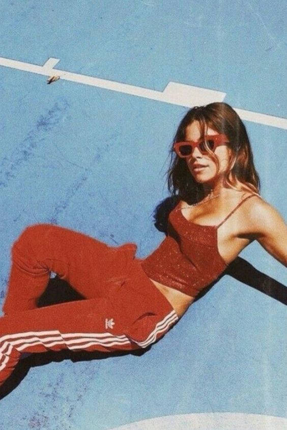 red Adidas tracksuit, matching sunglasses, blue surface with white lines, SD Phone Wallpaper