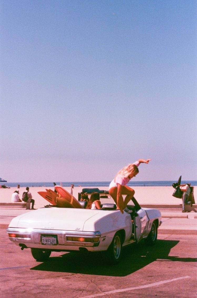 pink swimsuit, white convertible, sunny beach, SD Phone Wallpaper