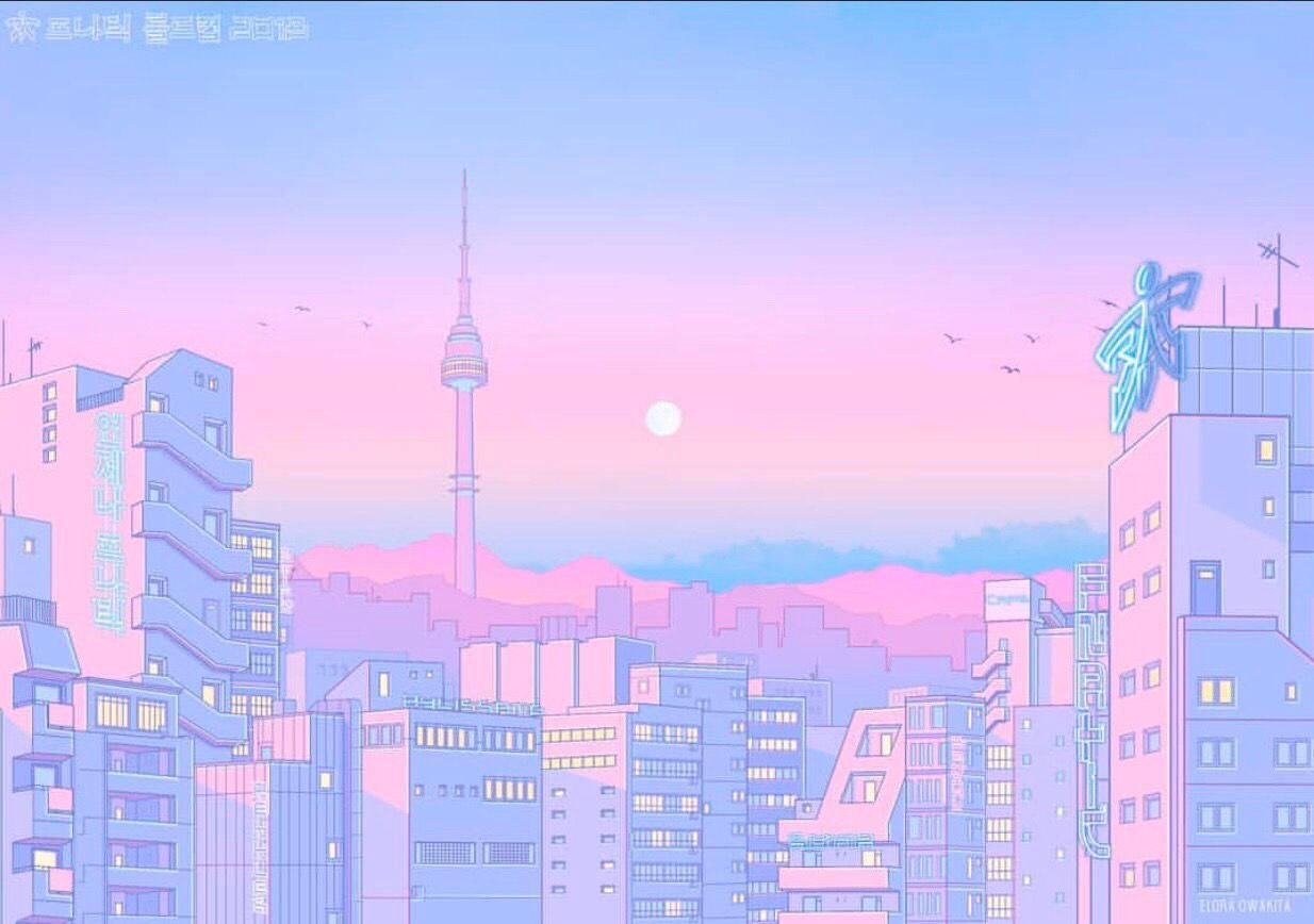90s anime aesthetic desktop, Retro Anime Aesthetic Desktop, pastel-hued anime cityscape, SD Desktop Wallpaper
