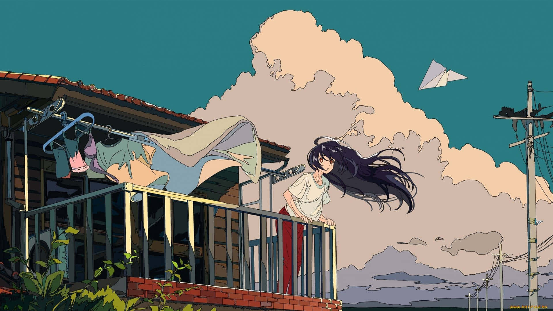 90s Anime Aesthetic, young anime girl, long dark hair, Full HD Desktop Wallpaper