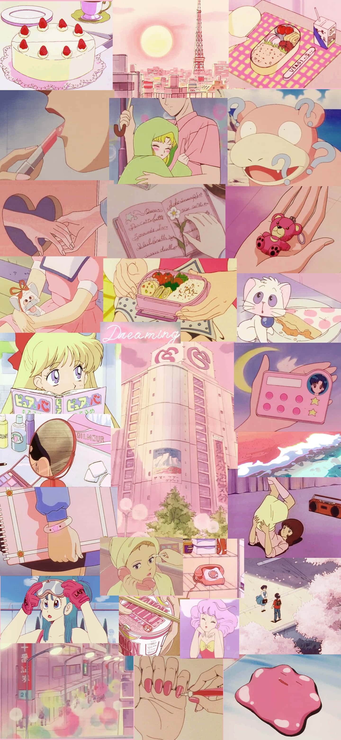 90s anime aesthetic, pastel pink, food characters, 2K Phone Wallpaper