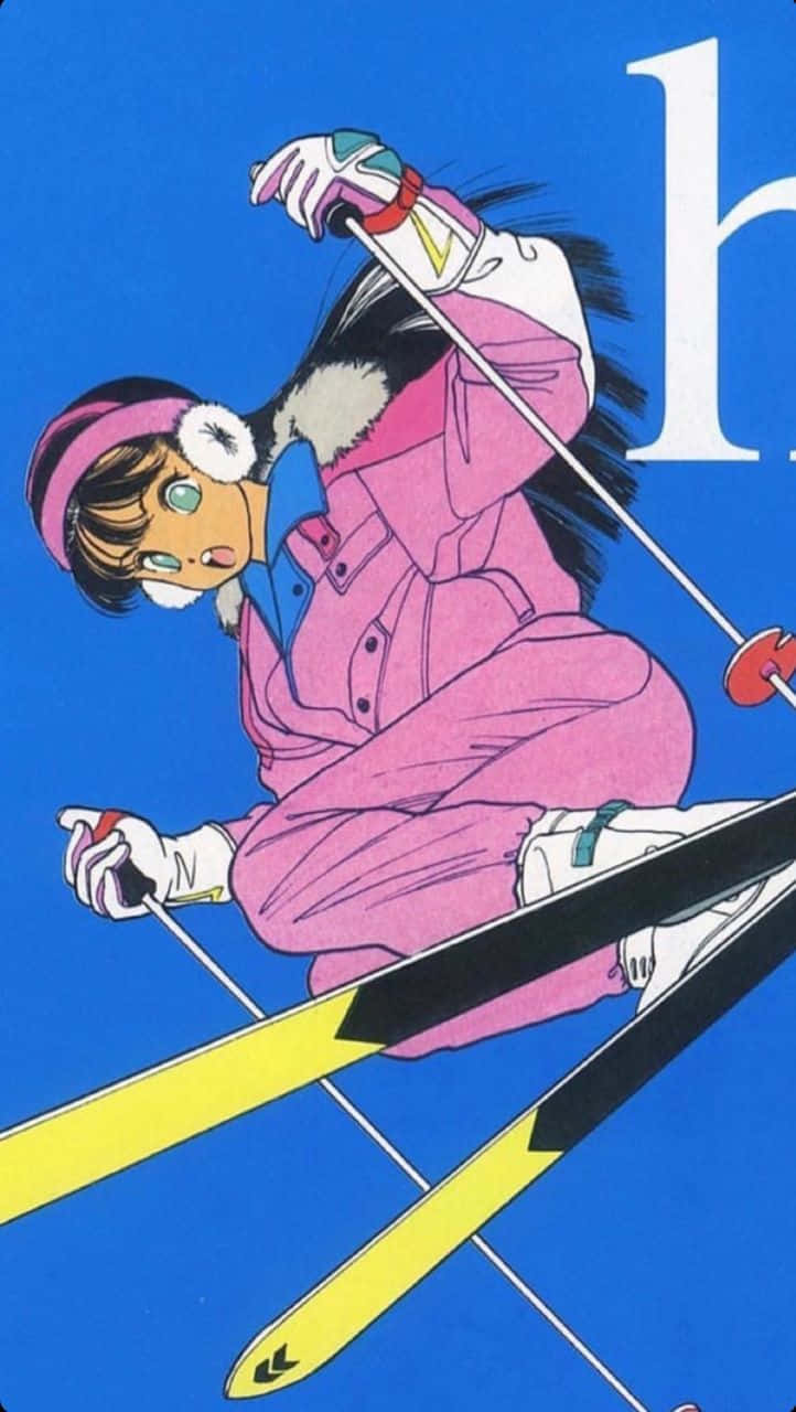 pink ski suit, yellow skis, solid blue background, HD Phone Wallpaper