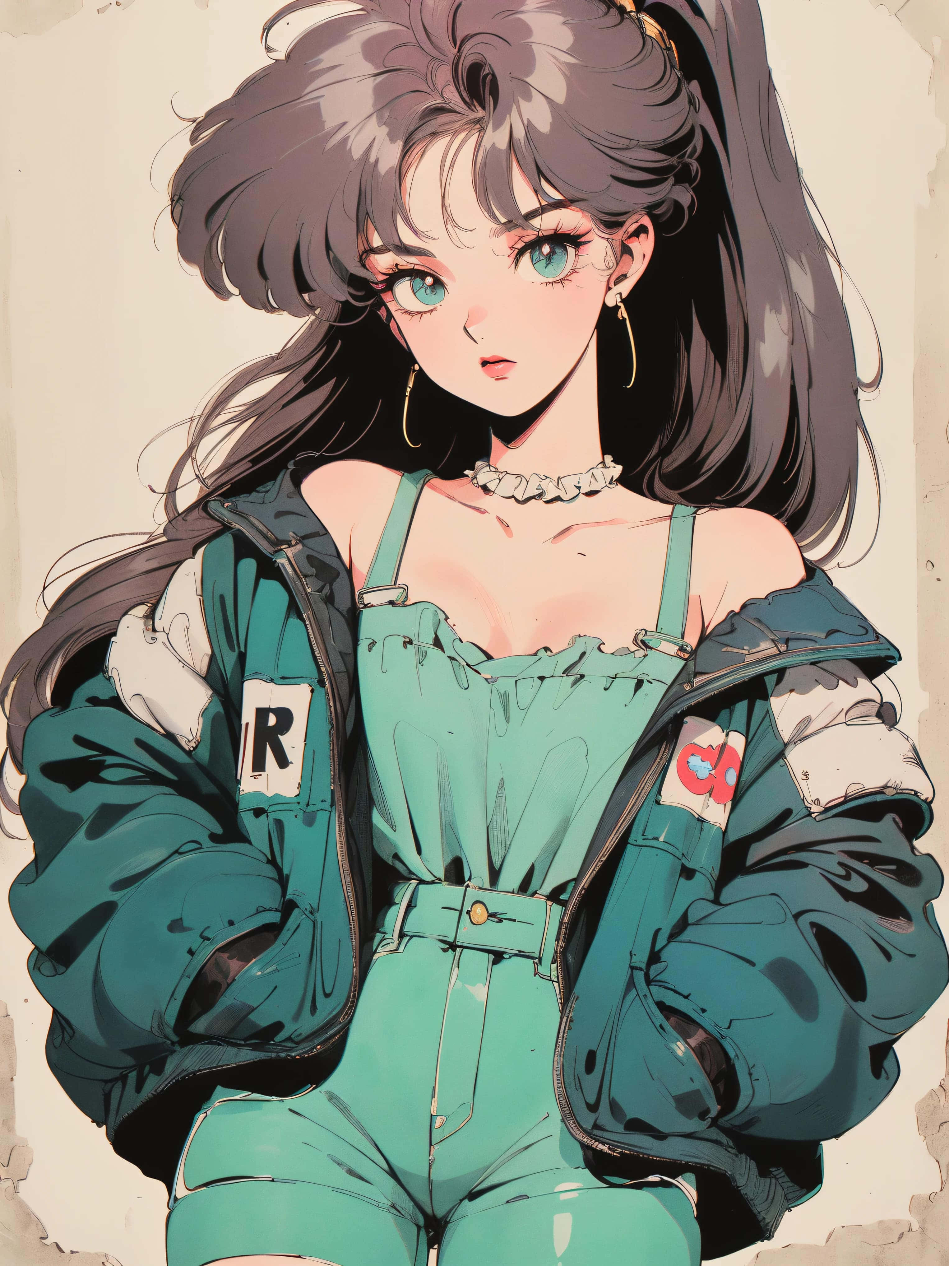 retro anime girl, green jumpsuit, teal jumpsuit, 4K Phone Wallpaper