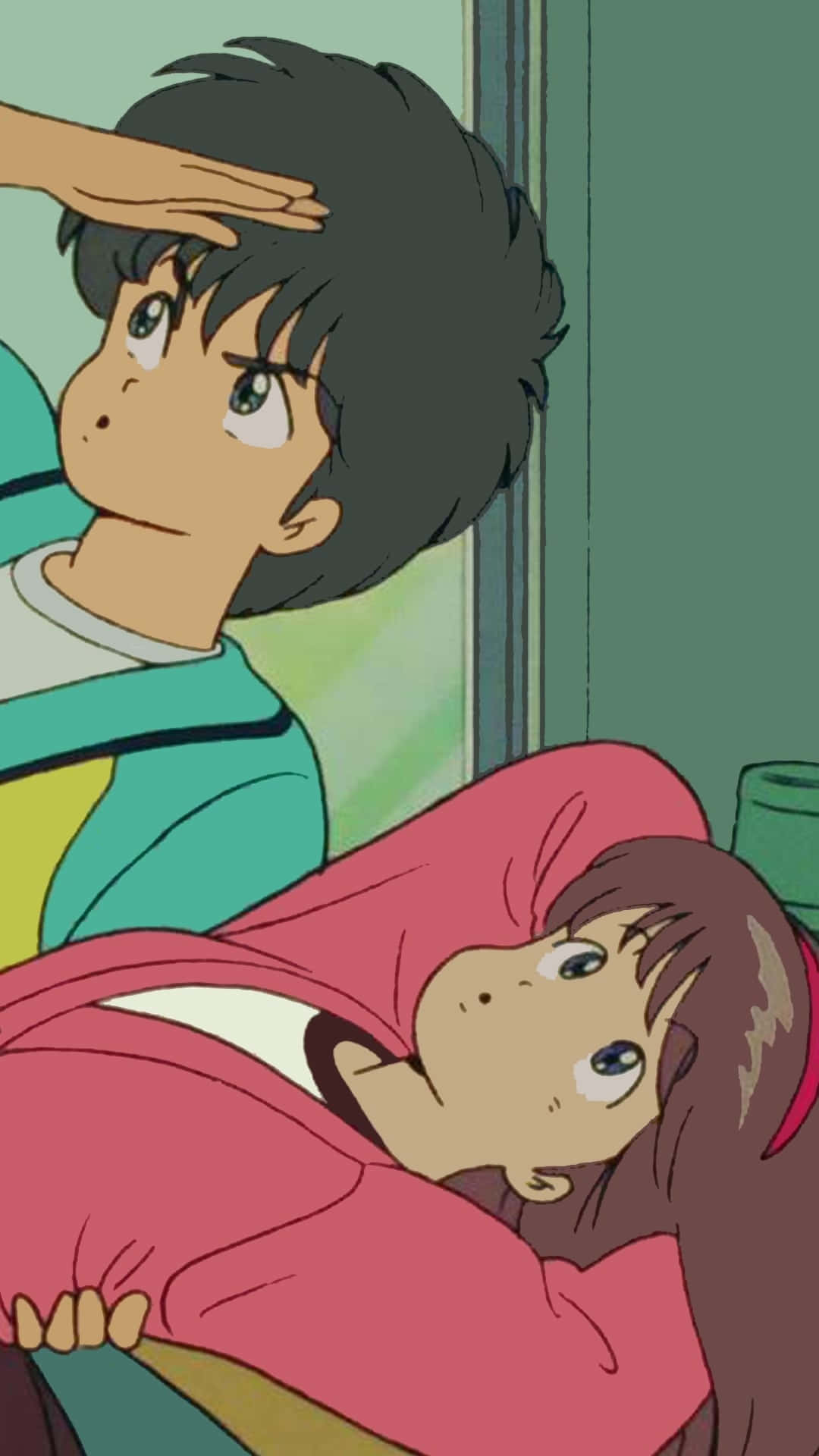 90s anime, boy in a teal jacket, girl in a pink hoodie, Full HD Phone Wallpaper