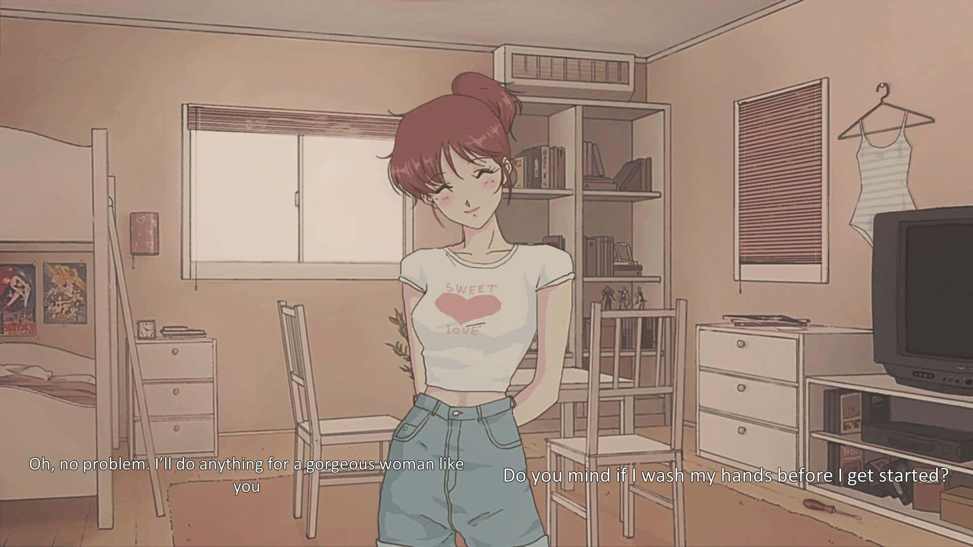 90s anime aesthetic, red hair, messy bun, Full HD Desktop Wallpaper