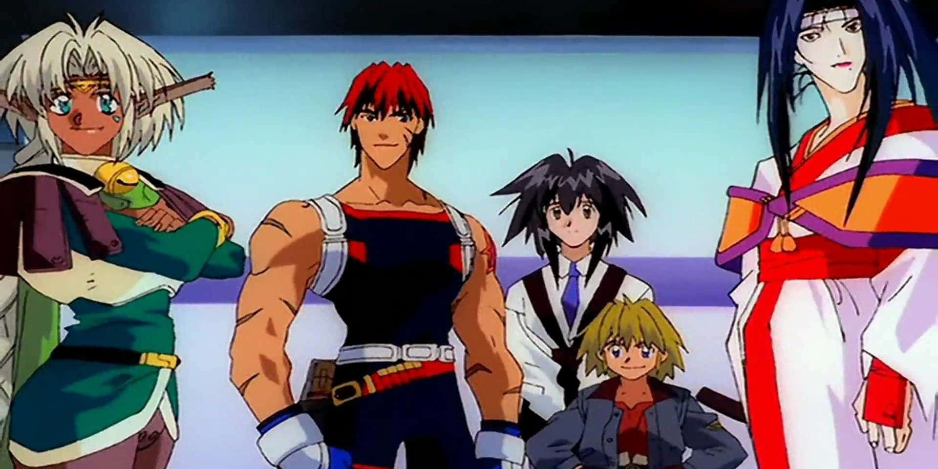 90s anime, group pose, gradient blue background, Full HD Desktop Wallpaper