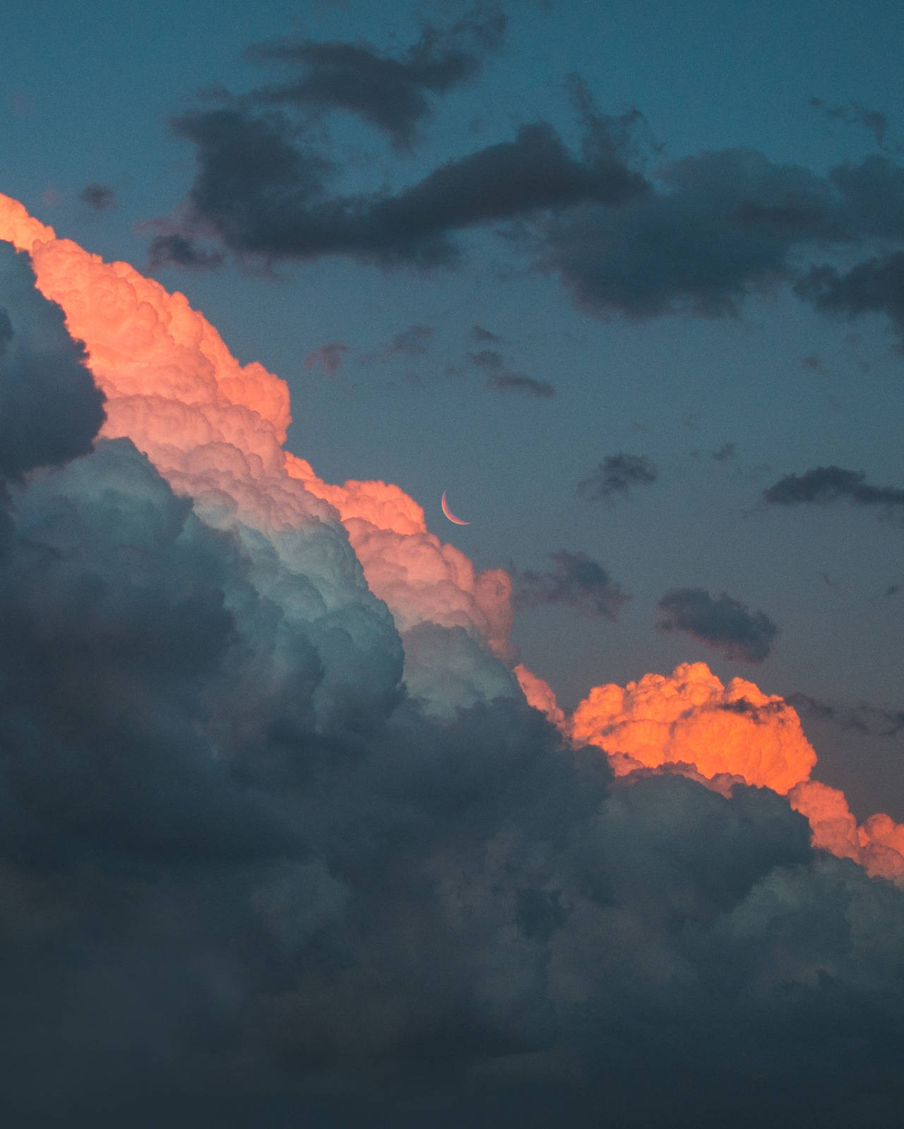crescent moon, towering clouds, fiery orange, HD Phone Wallpaper