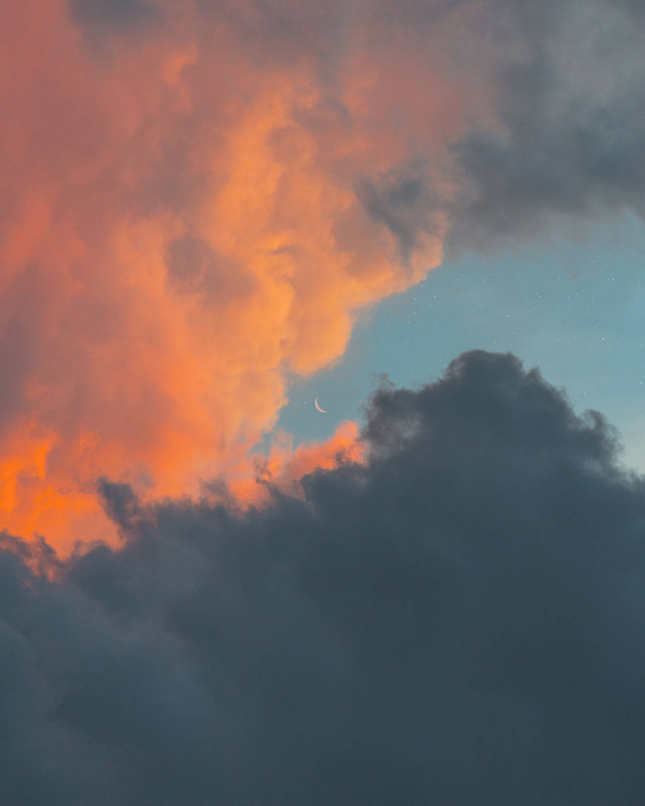 vintage aesthetic clouds, crescent moon, fiery orange, HD Phone Wallpaper