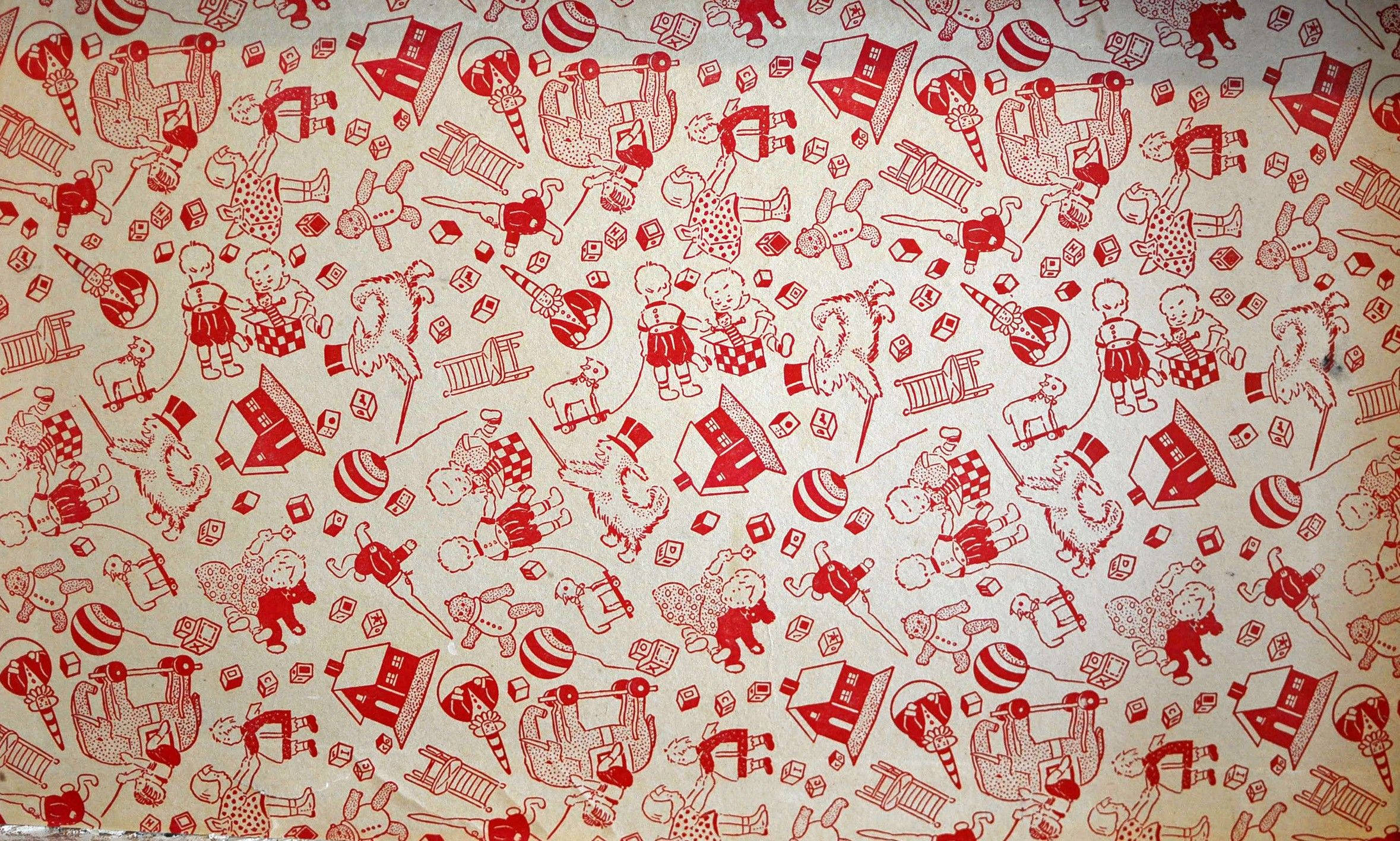 vintage aesthetic laptop, red and cream, repeating playful children's toys, Full HD Desktop Wallpaper