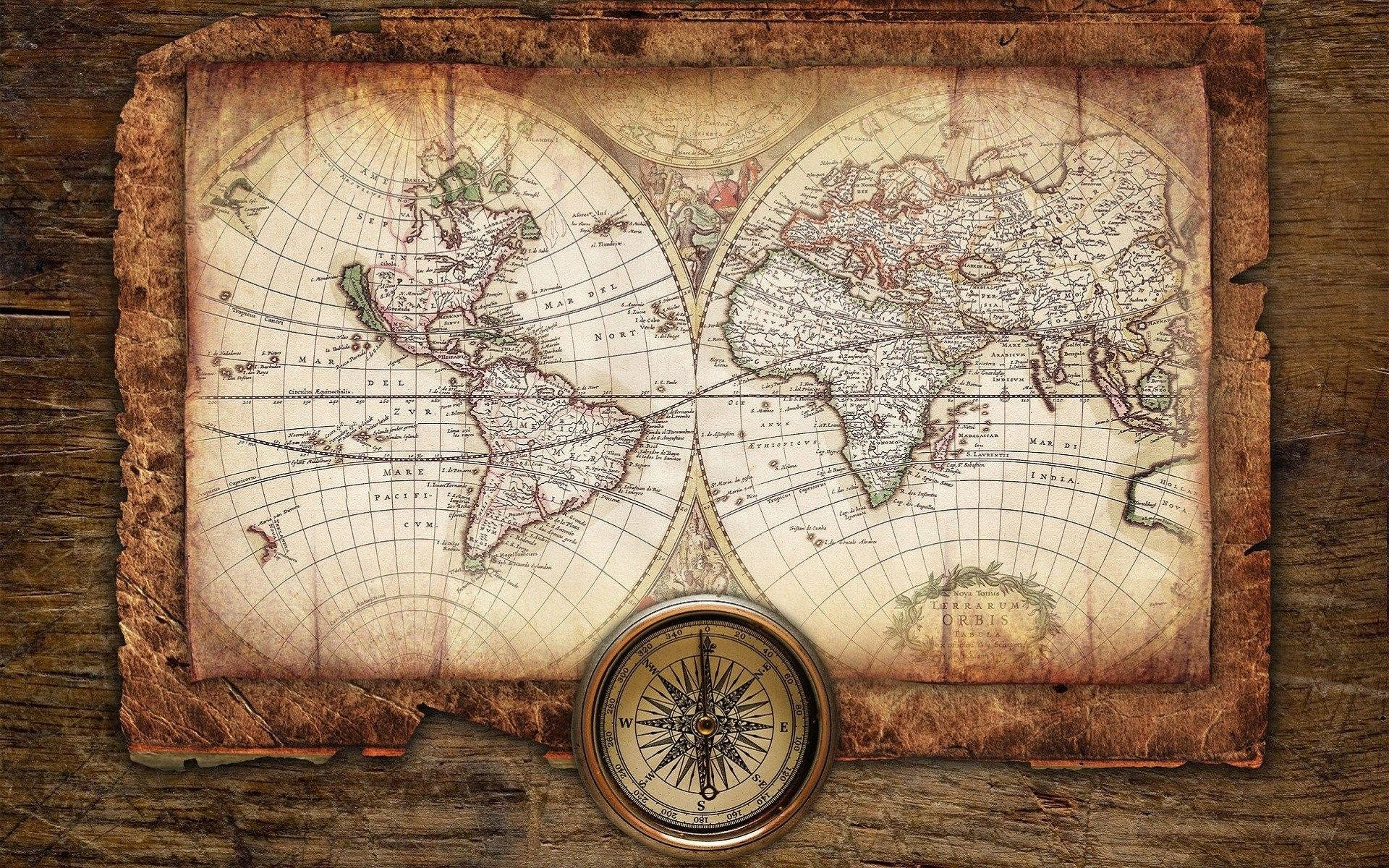 world map, torn edges, brass compass, Full HD Desktop Wallpaper