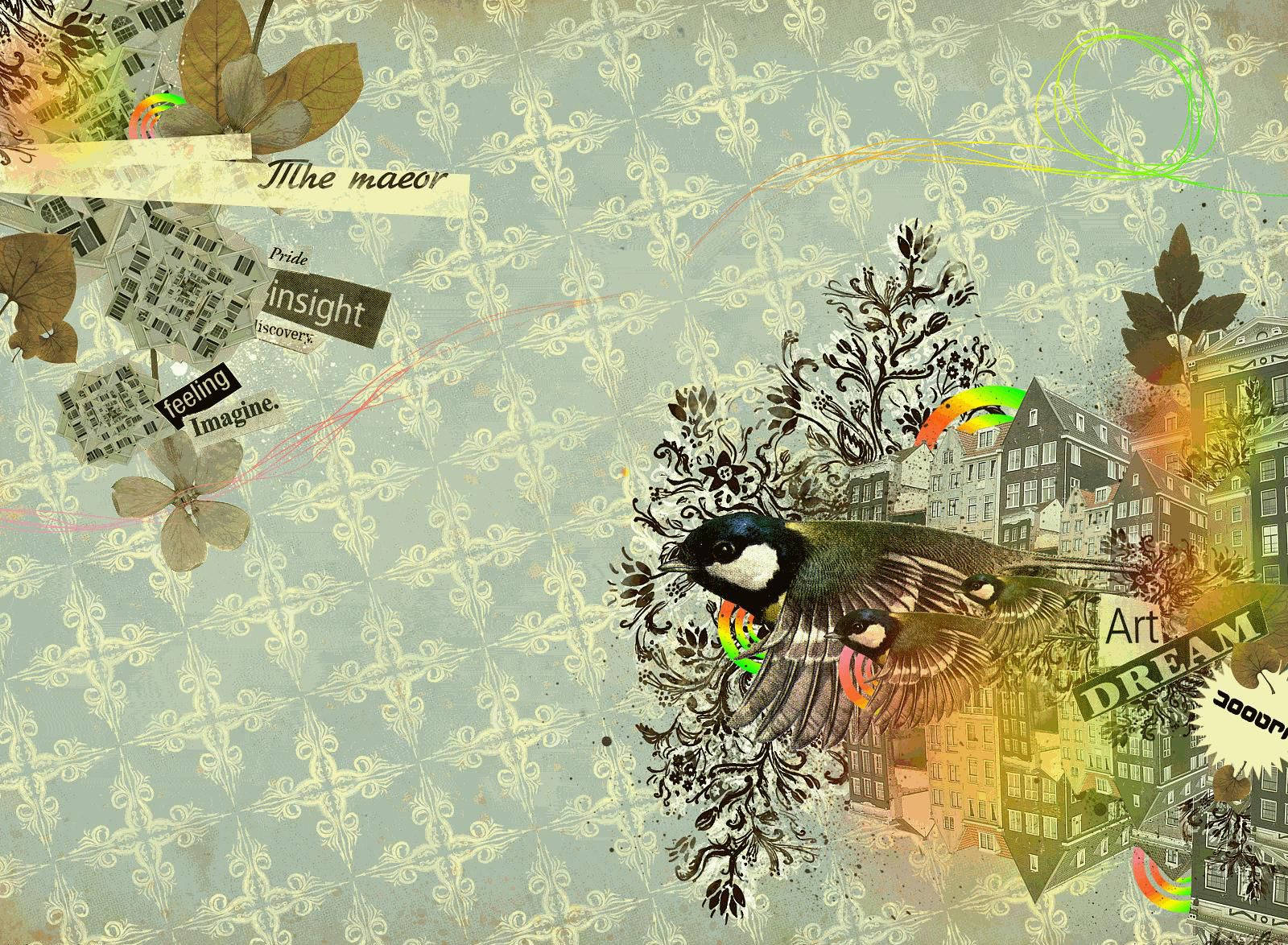 decoupage style, vintage aesthetic laptop, stylized bird, HD Desktop Wallpaper