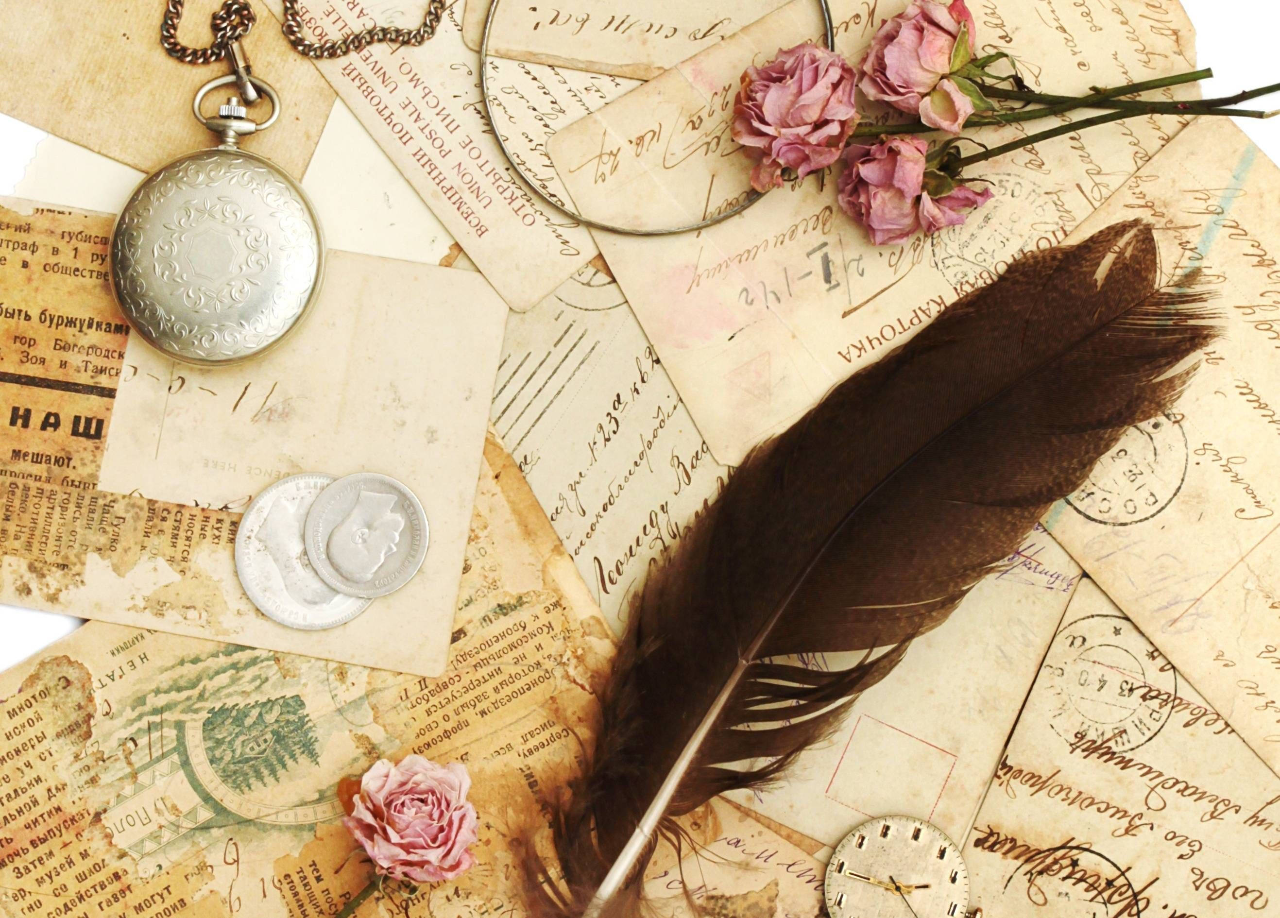 Letters And Trinkets, vintage aesthetic laptop, quill feather, 2K Desktop Wallpaper
