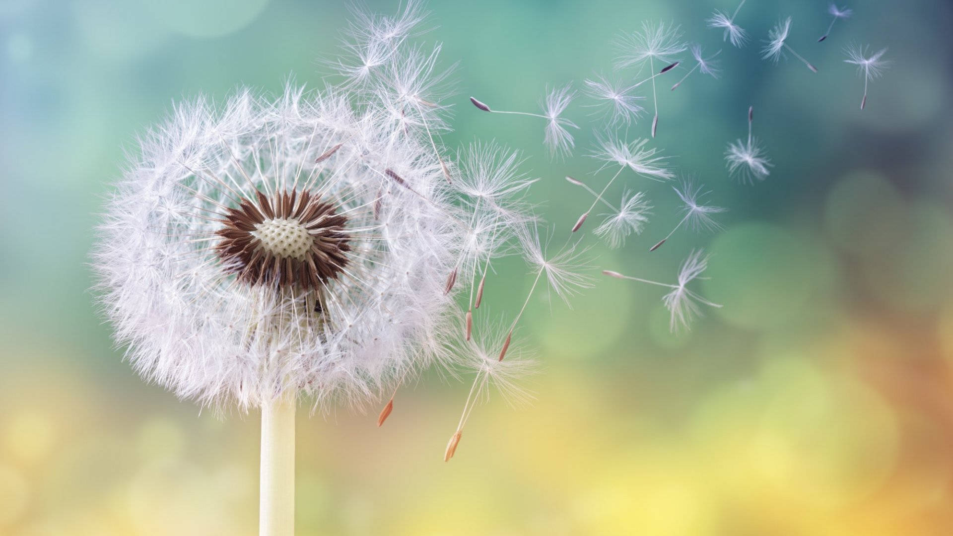 dandelion seed head, fluffy white seeds, soft bokeh background, Full HD Desktop Wallpaper