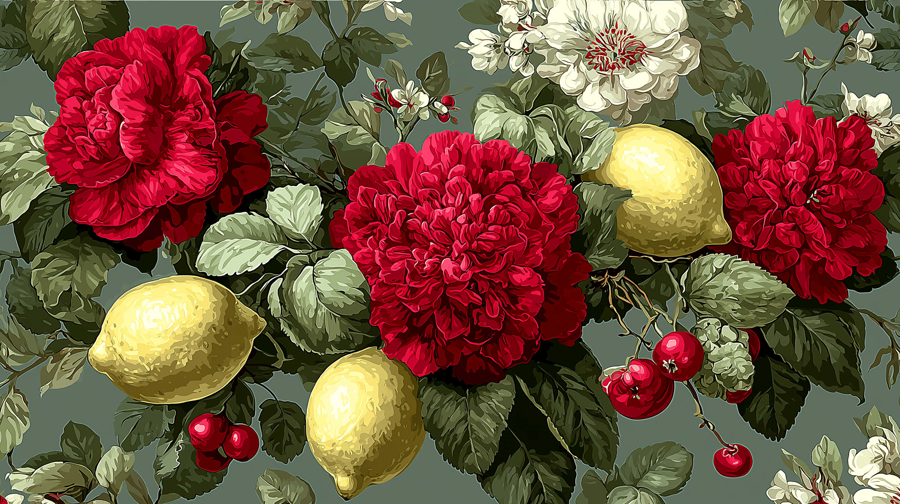 red peonies, lemons, cherries, 2K Desktop Wallpaper