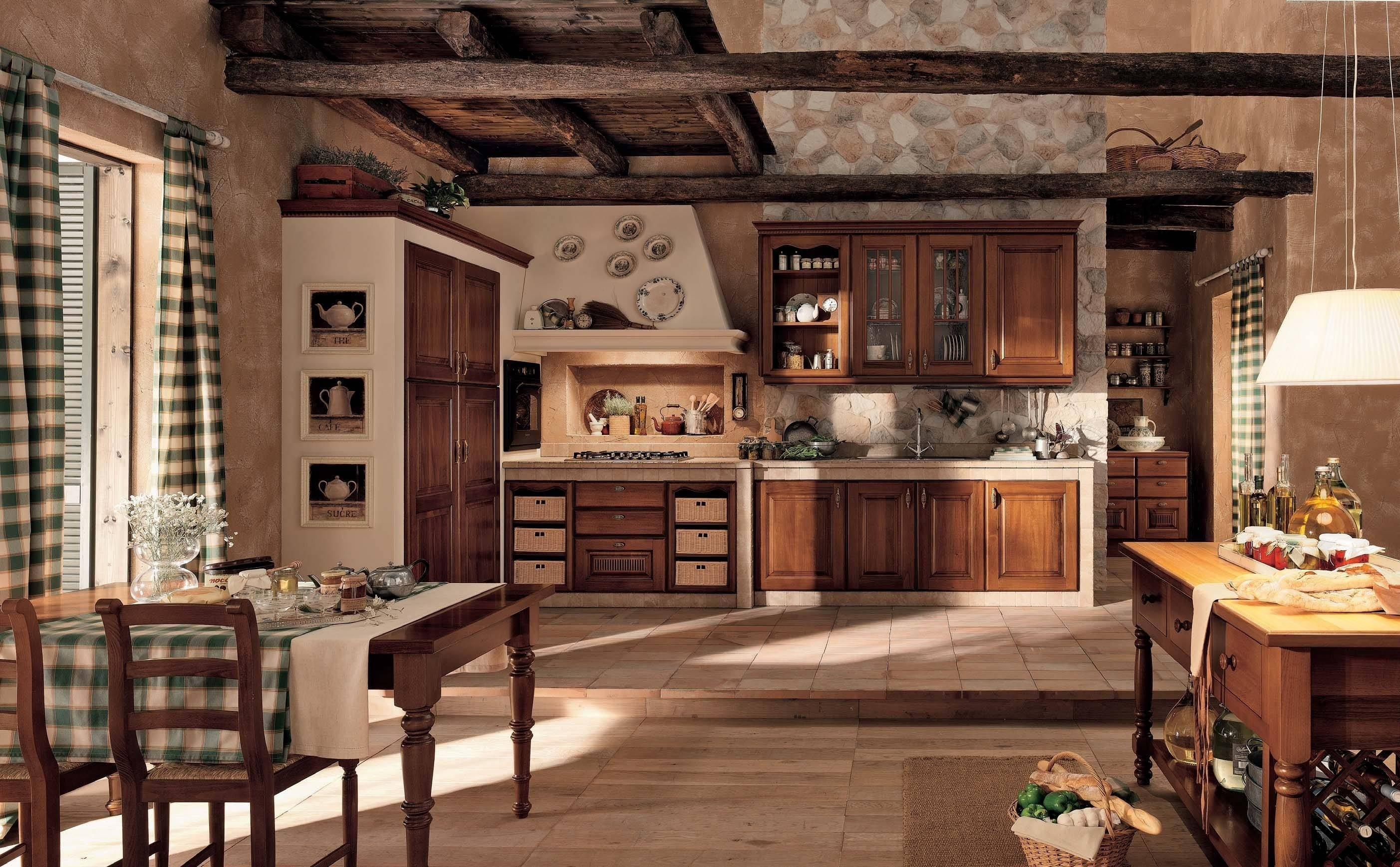 vintage rustic kitchen, wooden beams, stone walls, 2K Desktop Wallpaper