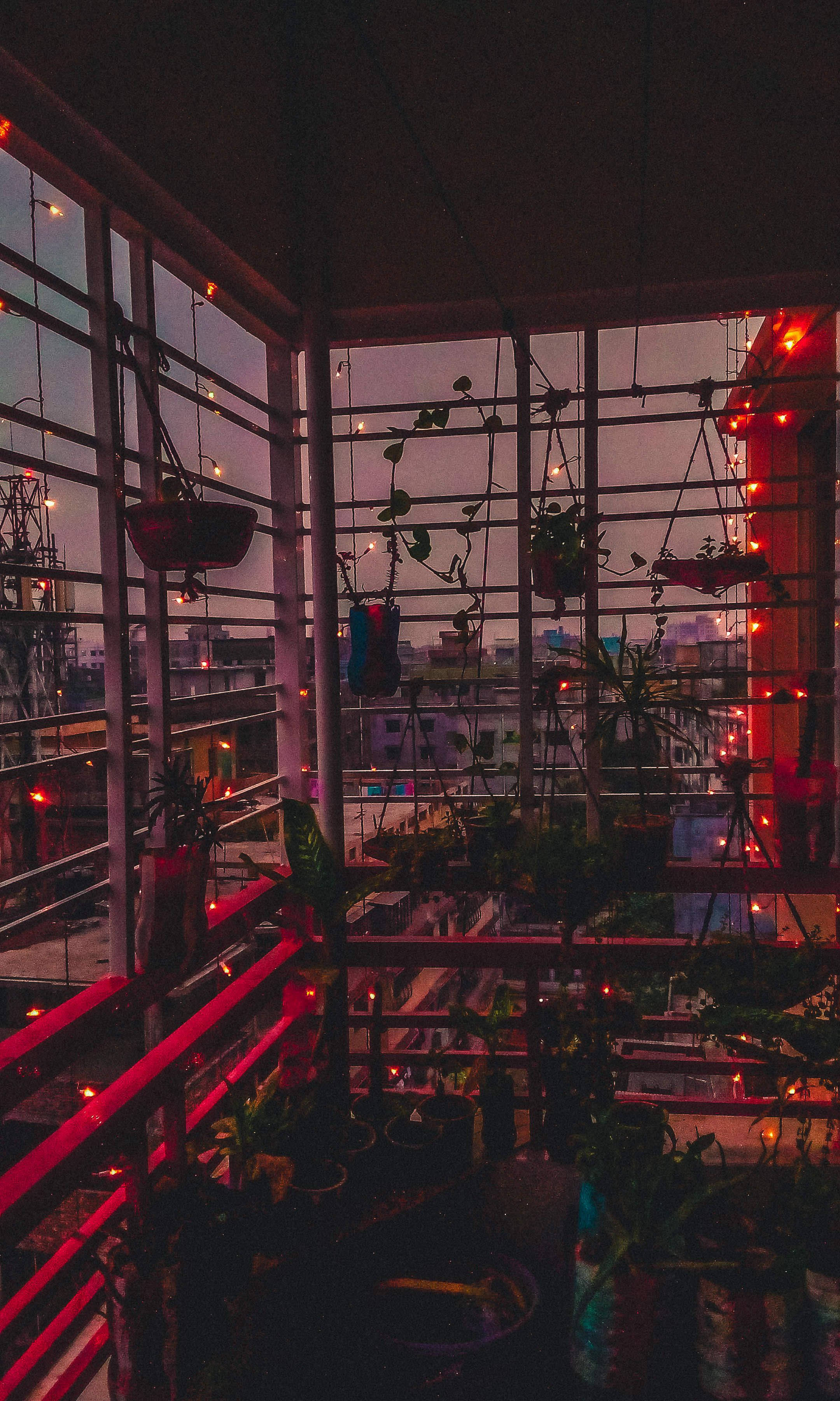 Vintage Aesthetic, rooftop balcony, hanging plants, 2K Phone Wallpaper