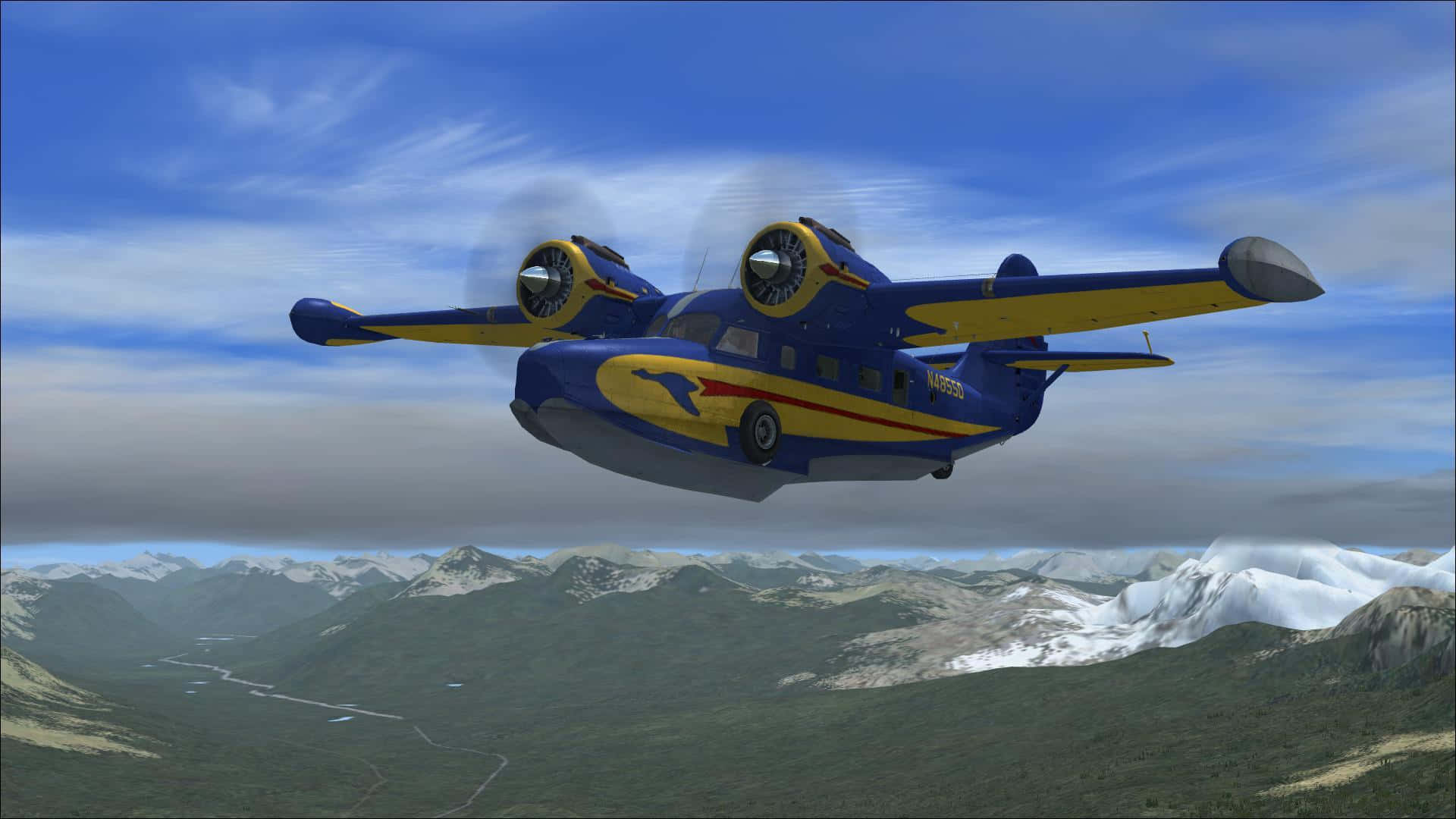 blue and yellow seaplane, snow-capped mountains, partly cloudy sky, Full HD Desktop Wallpaper