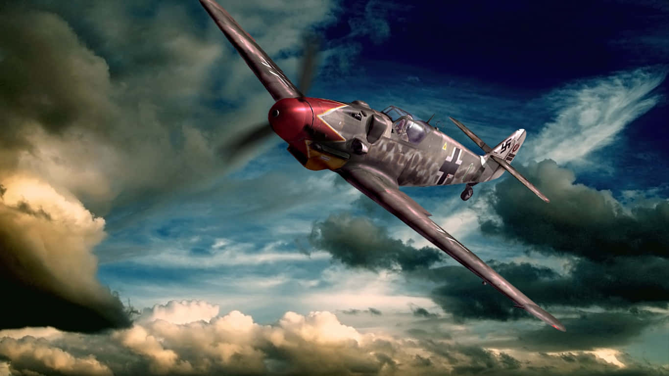 vintage fighter plane, red nose, camouflage, HD Desktop Wallpaper