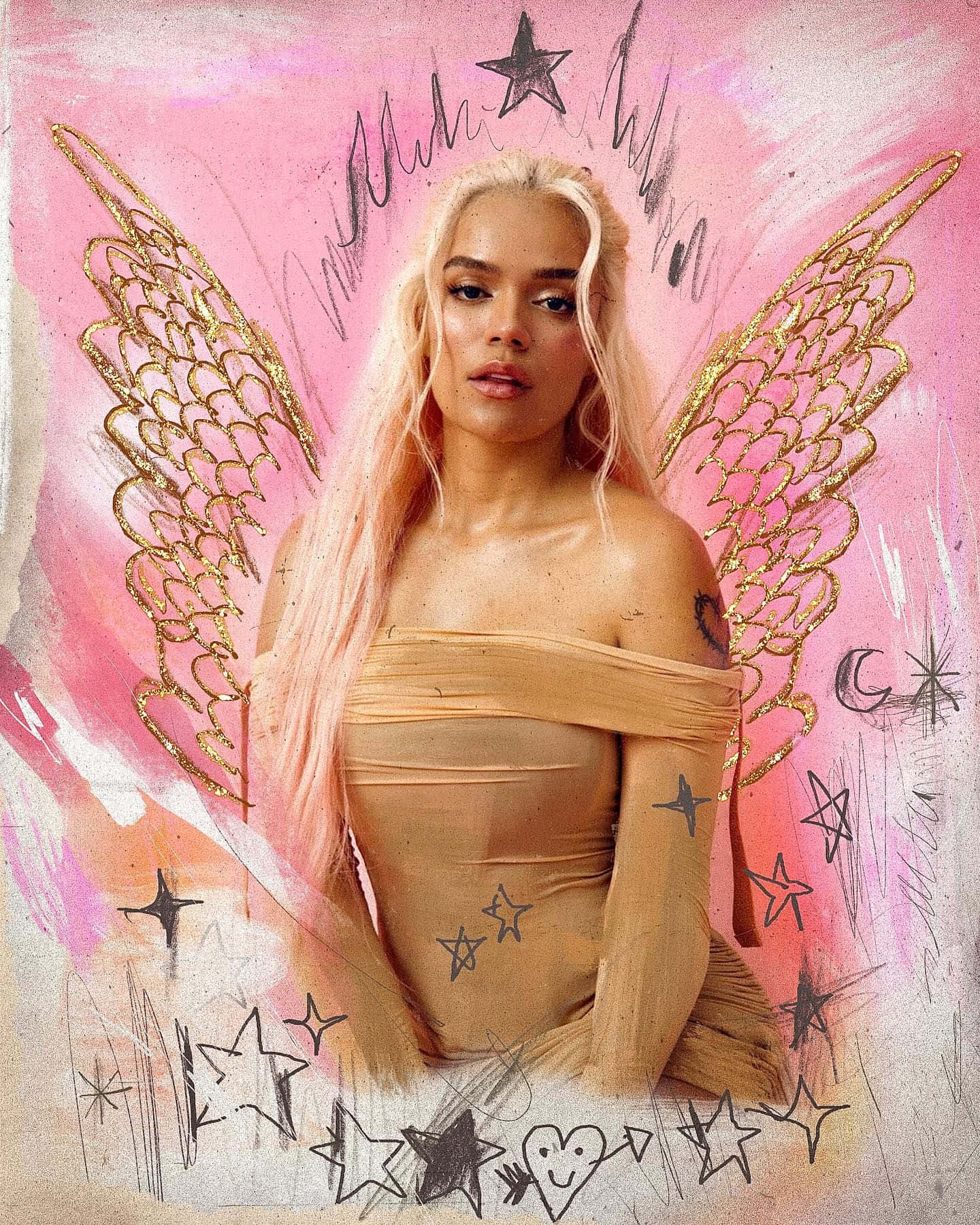 angel winged woman, pink hair, golden wings, HD Phone Wallpaper