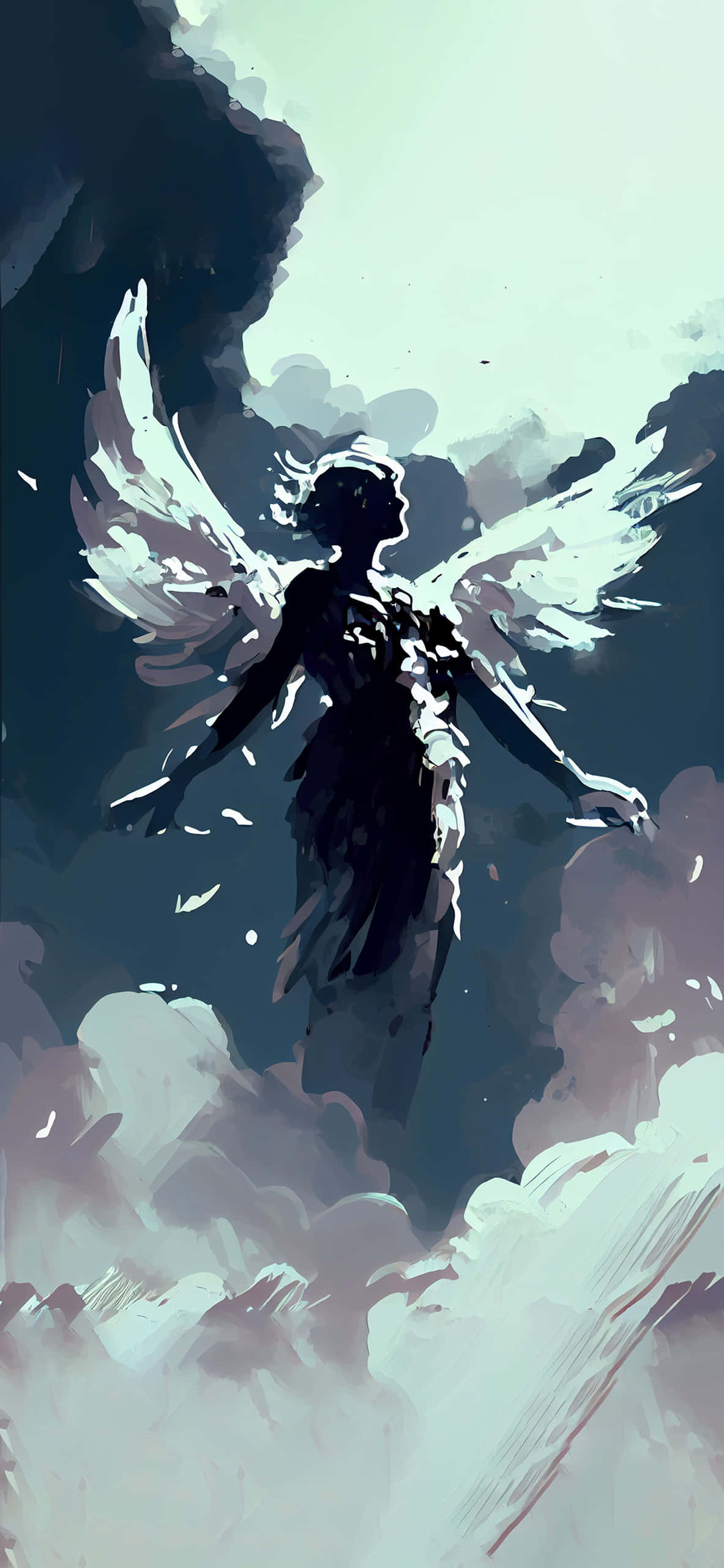 Angelic Figure with Majestic Wings, dark-winged angelic figure, outstretched arms, 2K Phone Wallpaper