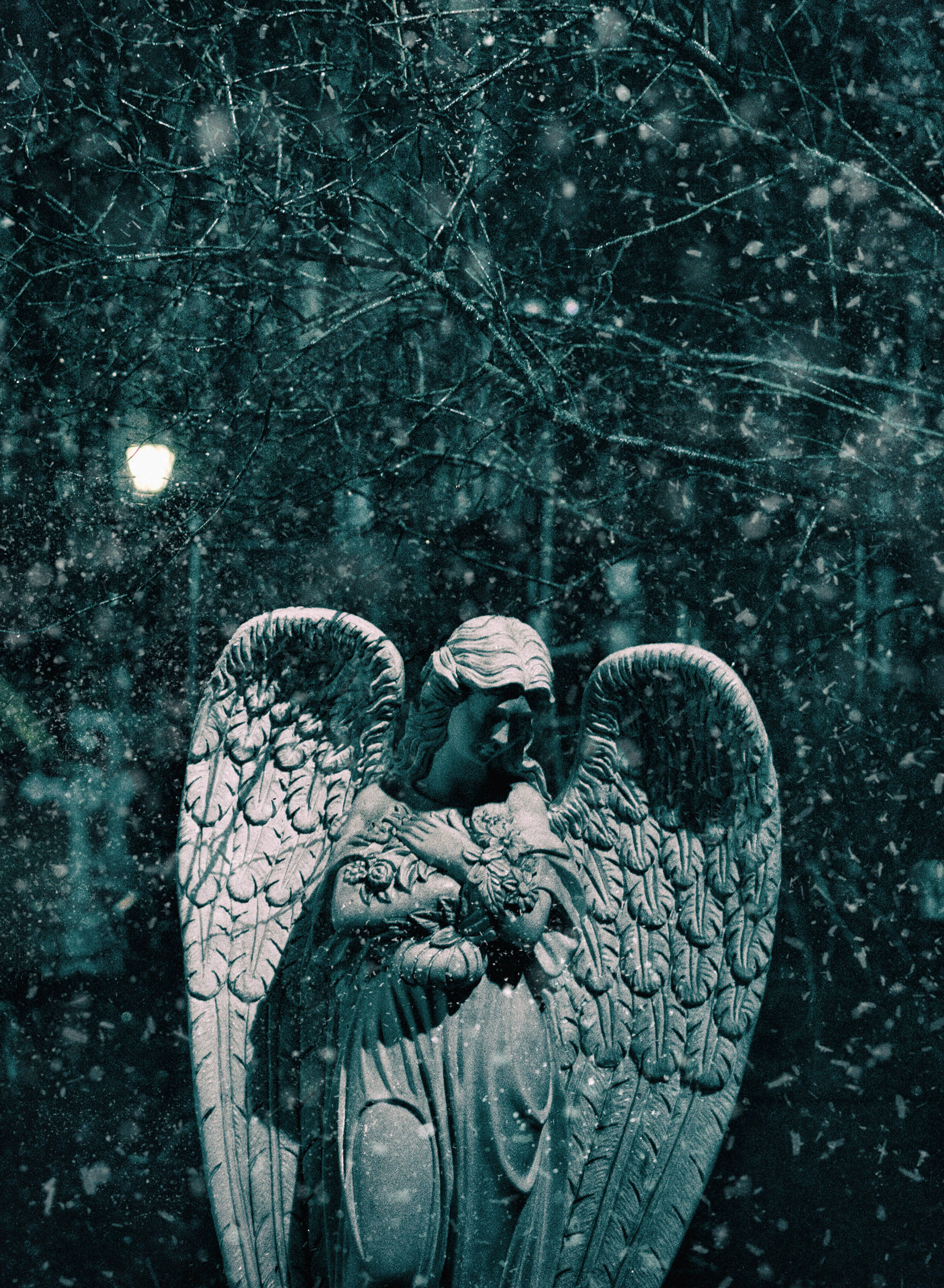 stone angel statue, snowy forest, night, 2K Phone Wallpaper