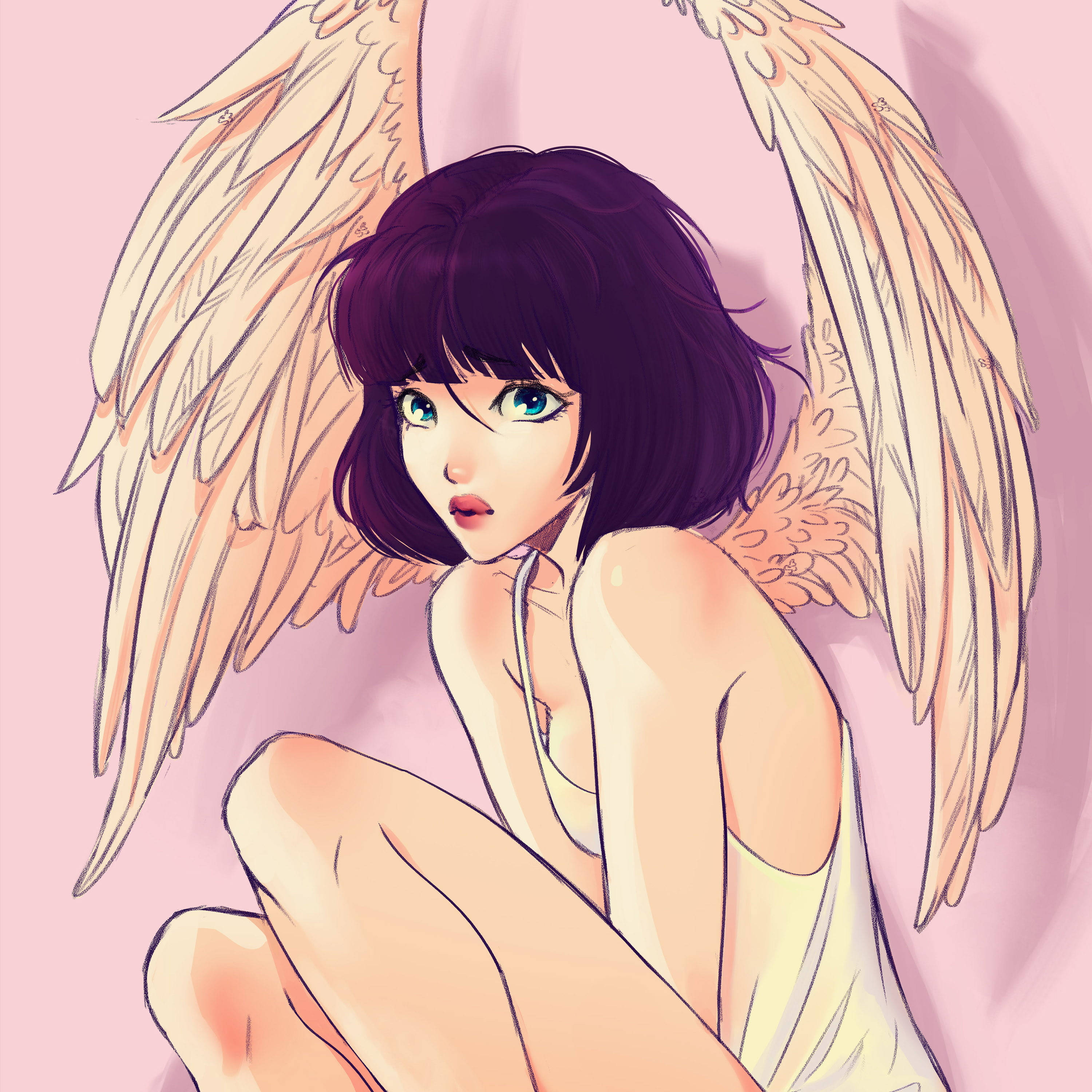 Pastel Goth Angel Girl, purple hair, large blue eyes, 2K Desktop Wallpaper