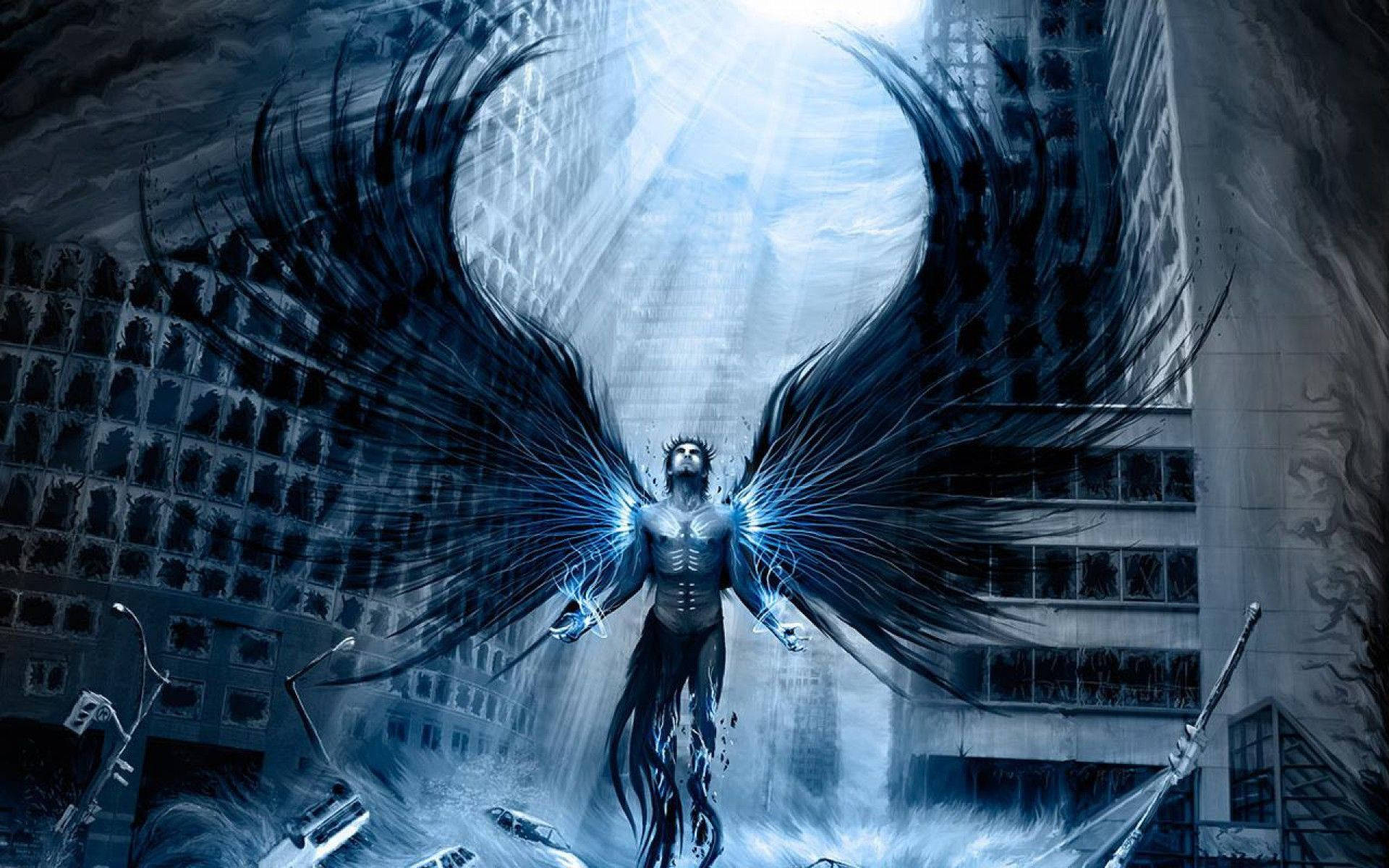 Angel, glowing angelic figure, massive black wings, Full HD Desktop Wallpaper