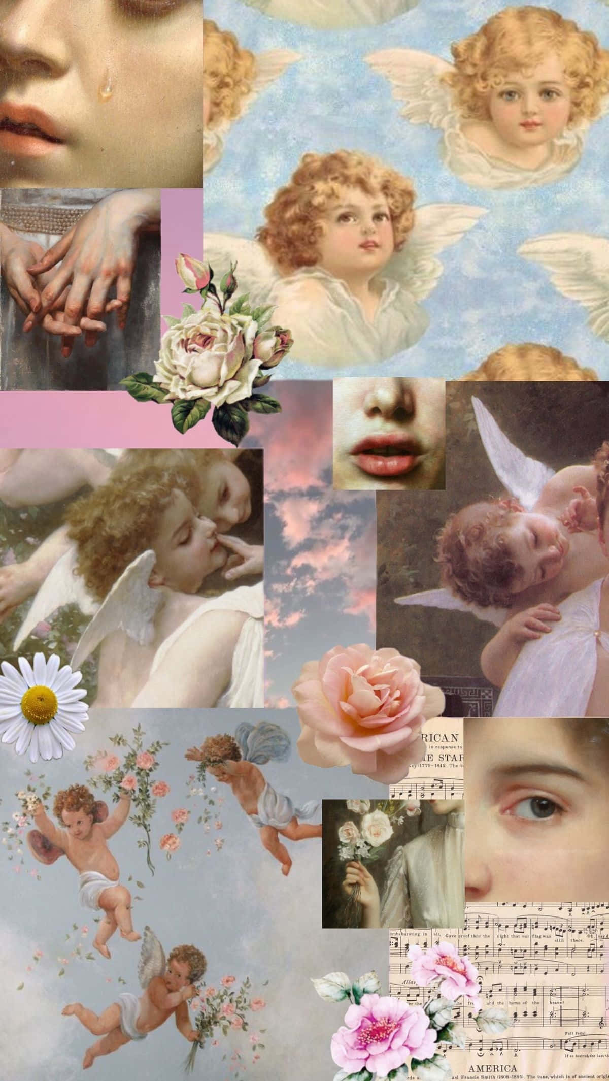 Vintage Angel Collage Aesthetic, cherubic angels, roses, Full HD Phone Wallpaper