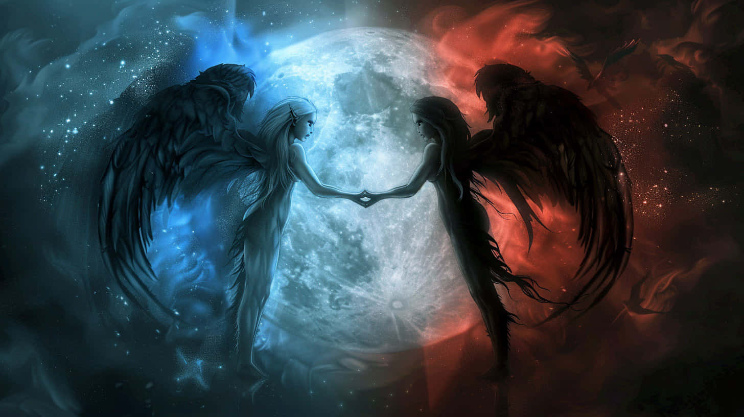 Angel Demon Duality Artwork, blue winged figure, red winged figure, HD Desktop Wallpaper