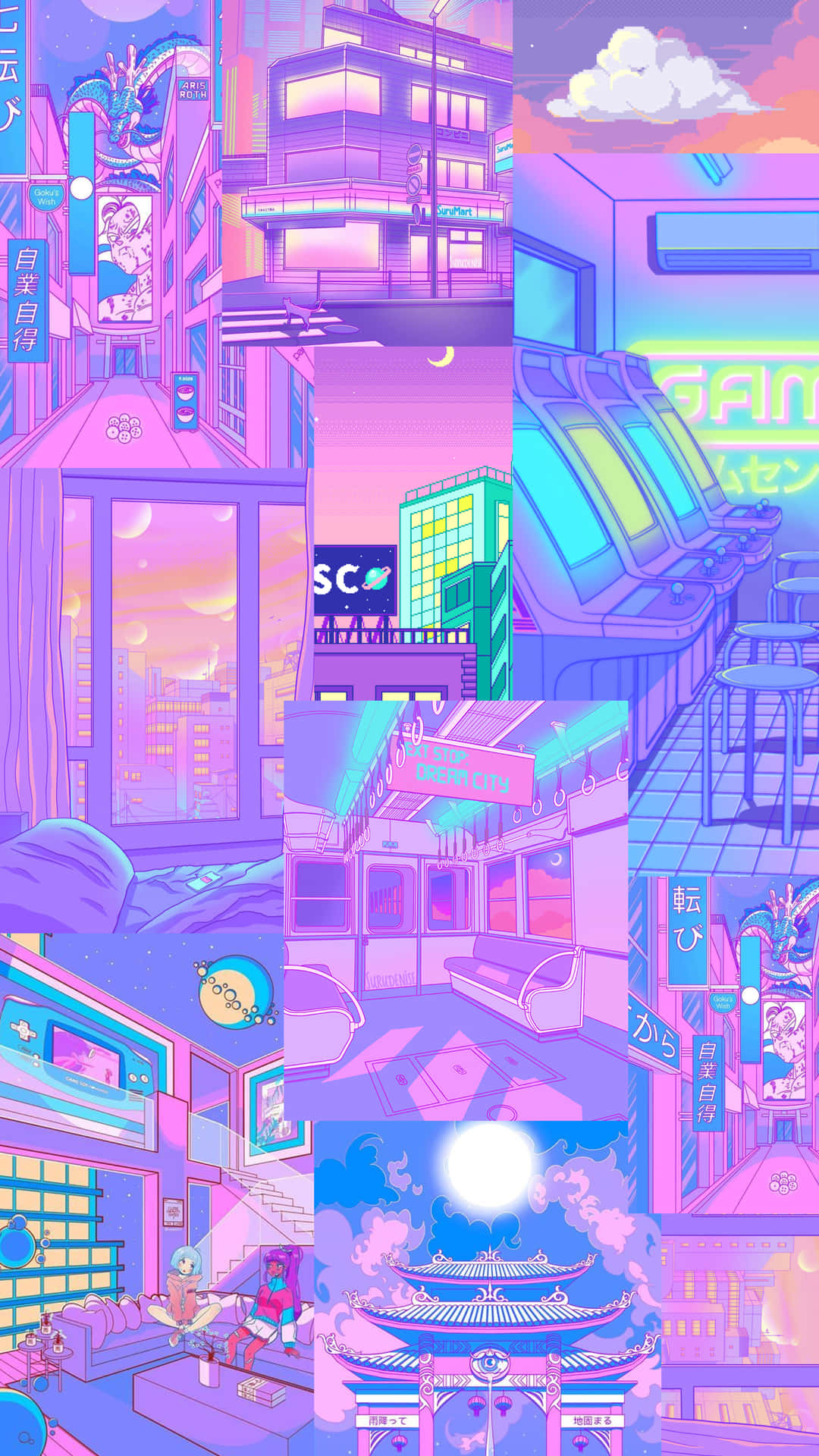 neon pink, purple cyberpunk cityscape, glowing buildings, Full HD Phone Wallpaper
