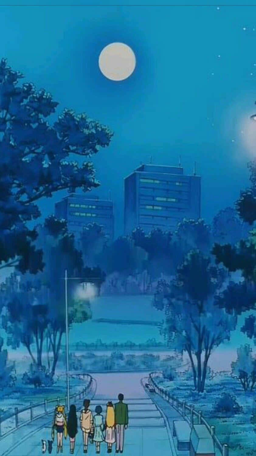 Vintage Anime, blue night sky, moonlit urban path, HD Phone Wallpaper