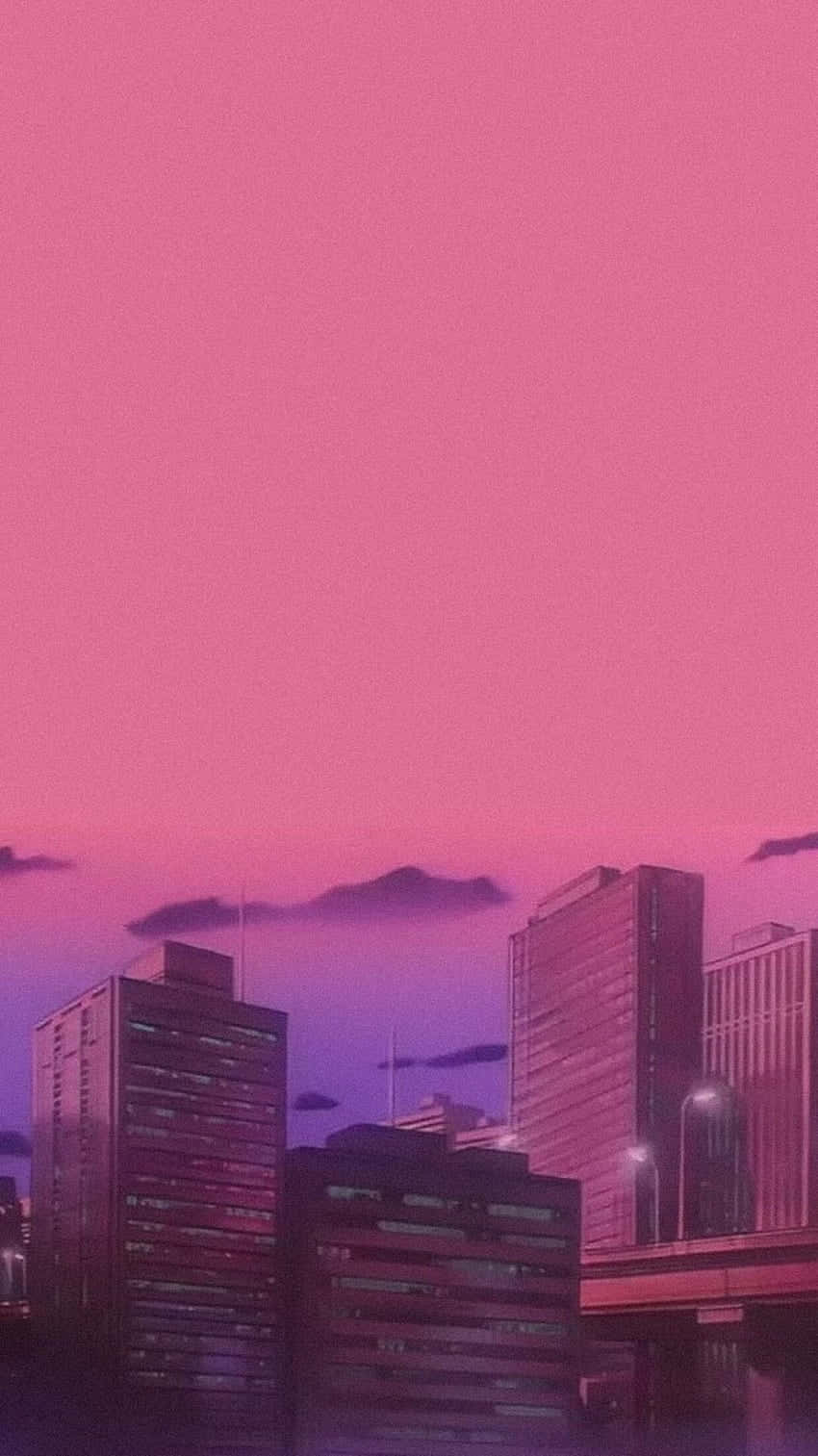 Vintage Anime, pink sky, city skyline, HD Phone Wallpaper