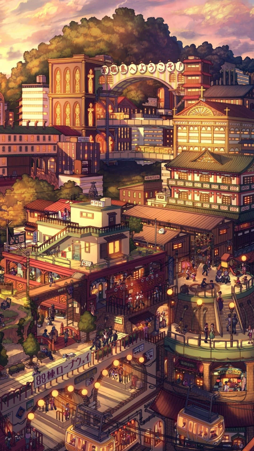 Vintage Anime, sunset, multi-level buildings, Full HD Phone Wallpaper