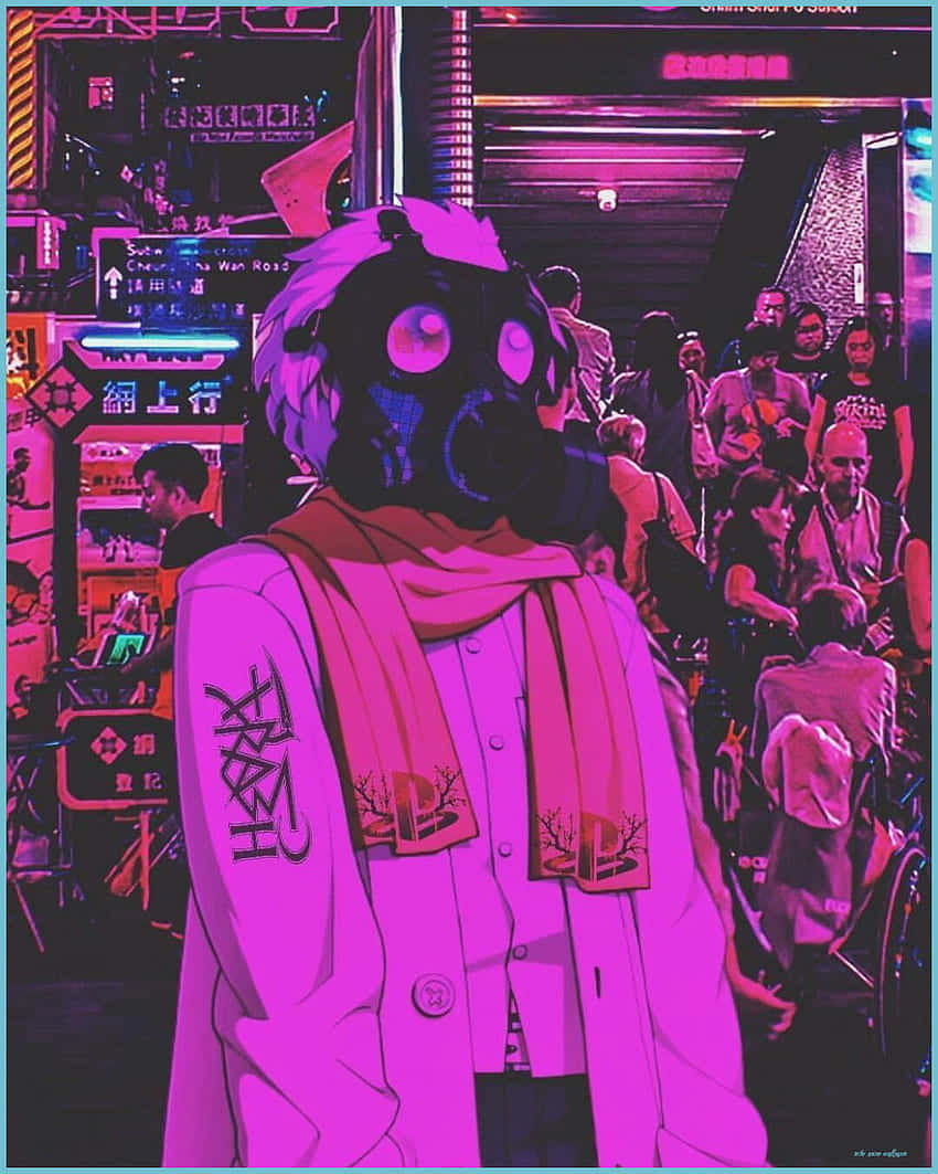Vintage Anime, gas mask, pink coat, SD Phone Wallpaper