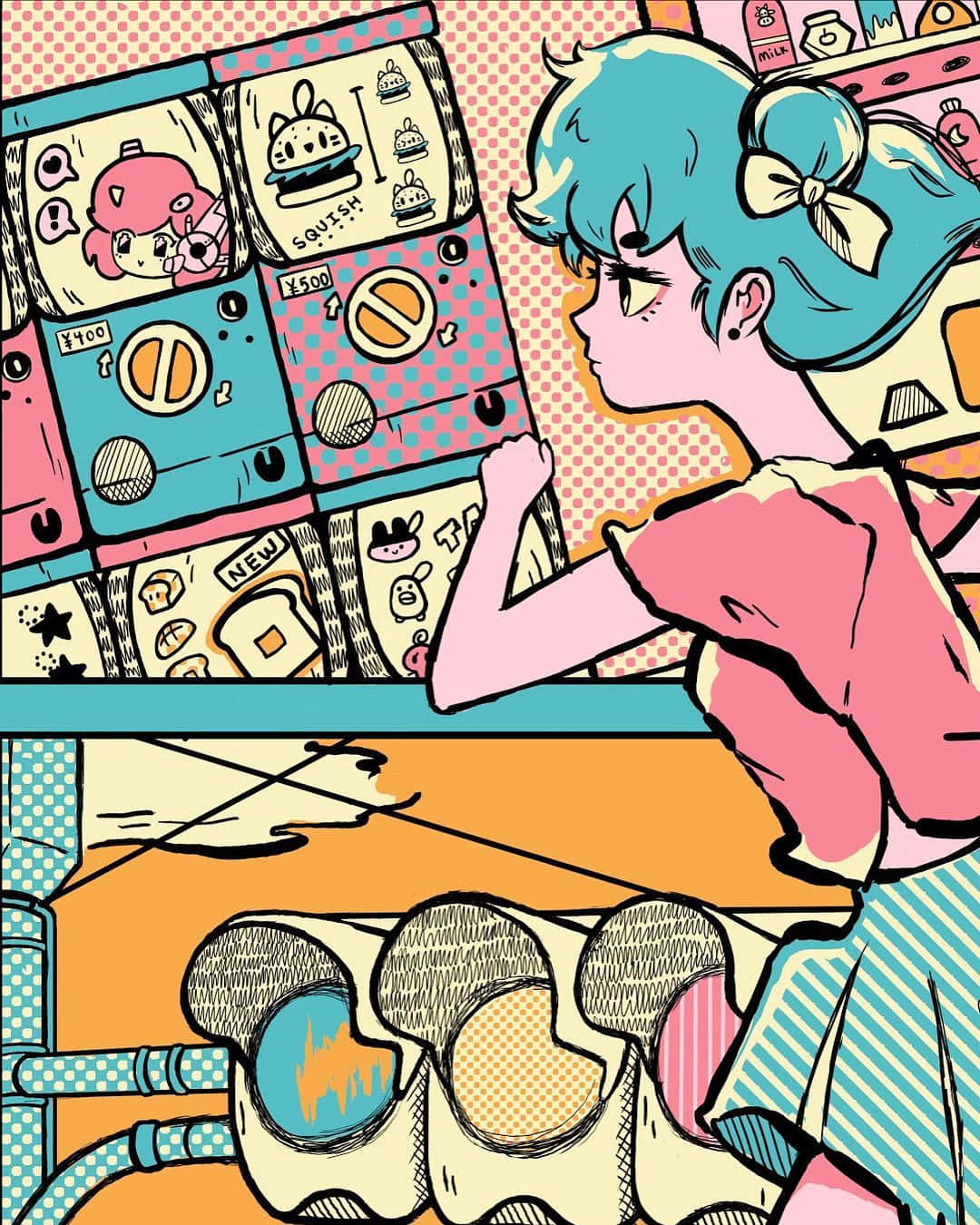 blue-haired anime girl, pink shirt, colorful gachapon vending machines, HD Phone Wallpaper