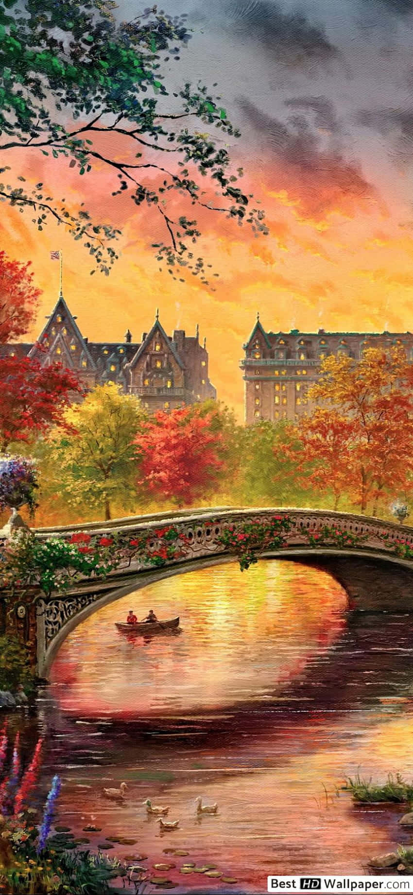 vintage autumn, sunset, stone bridge, HD Phone Wallpaper