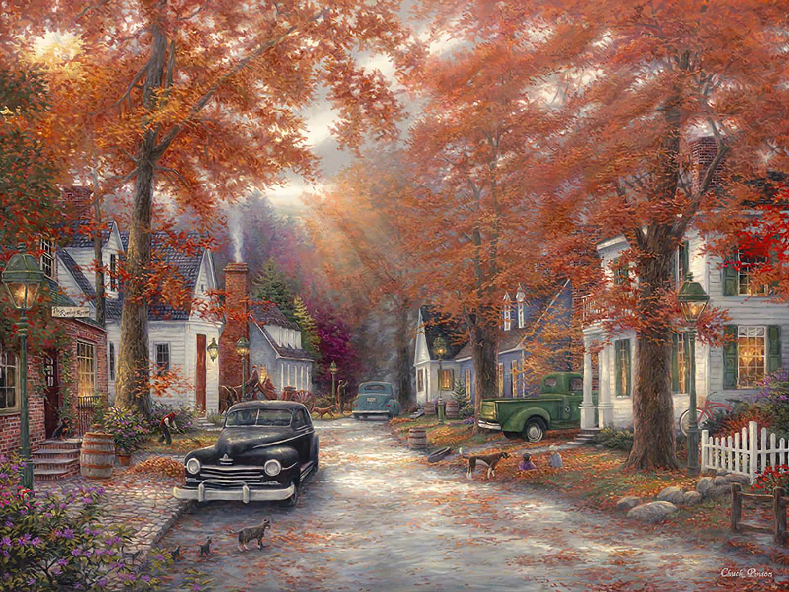 vintage autumn, autumn street, vibrant orange trees, HD Desktop Wallpaper