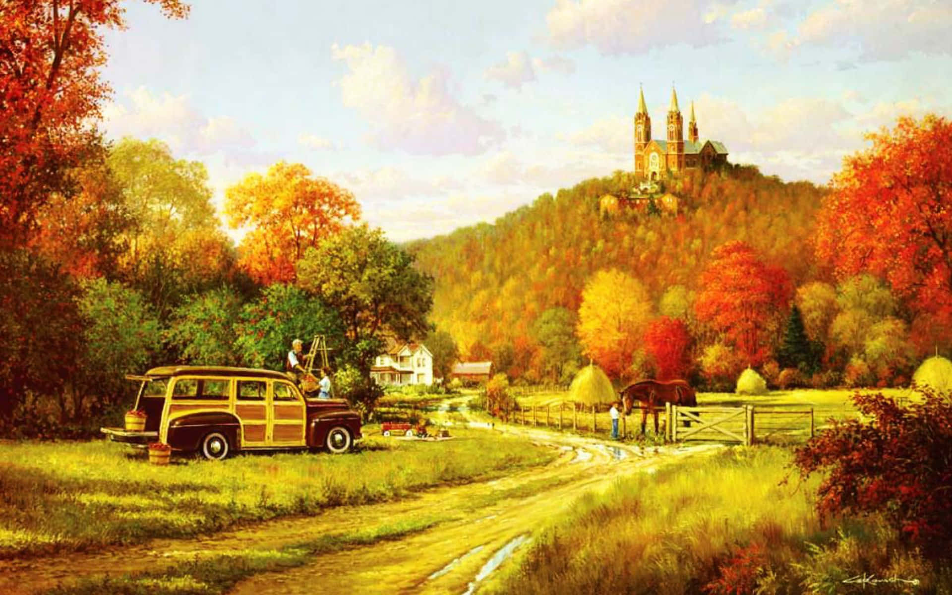 vintage wood-paneled station wagon, dirt road, farm, Full HD Desktop Wallpaper