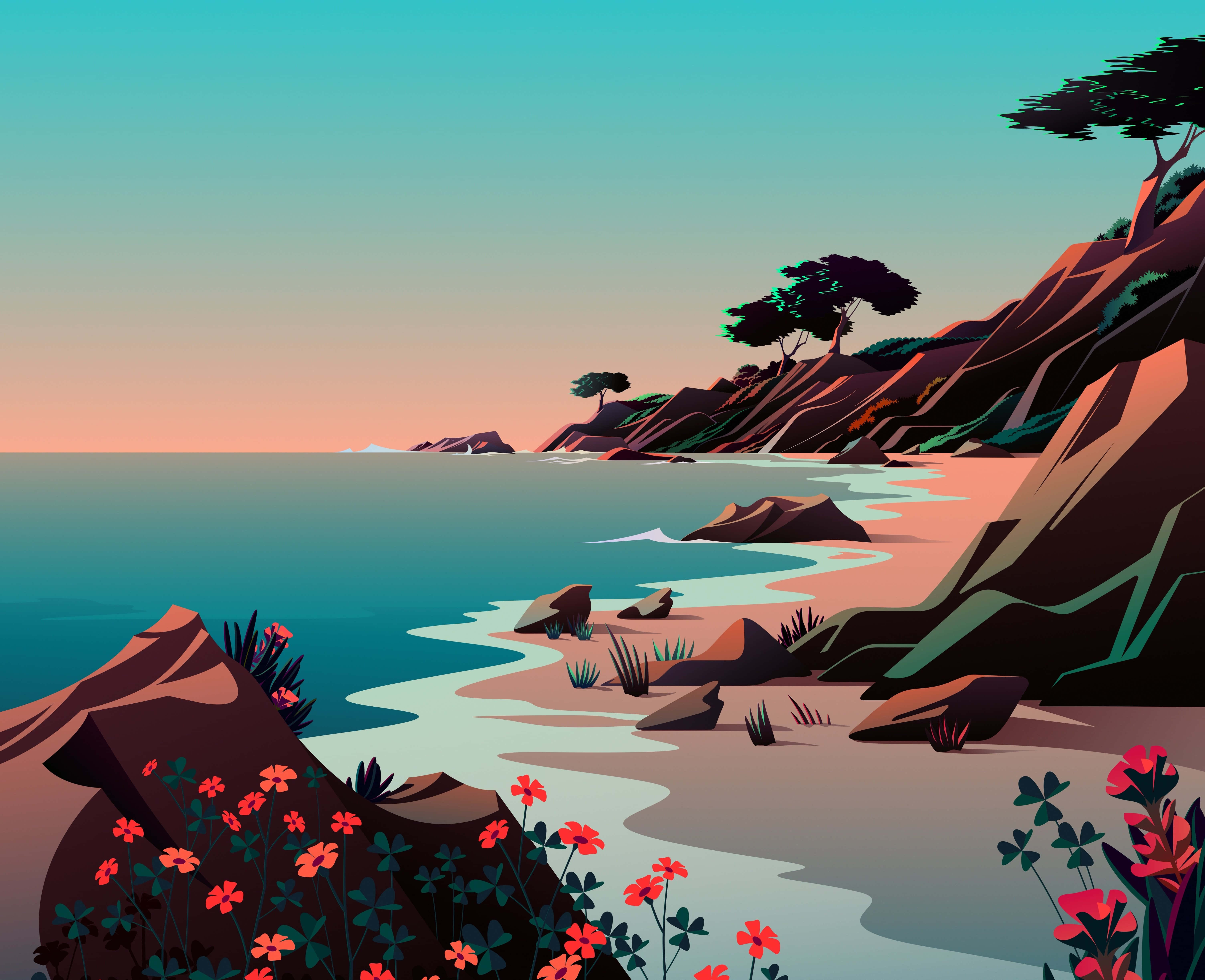 beach art, rocky cliffs, red flowers, 5K Desktop Wallpaper
